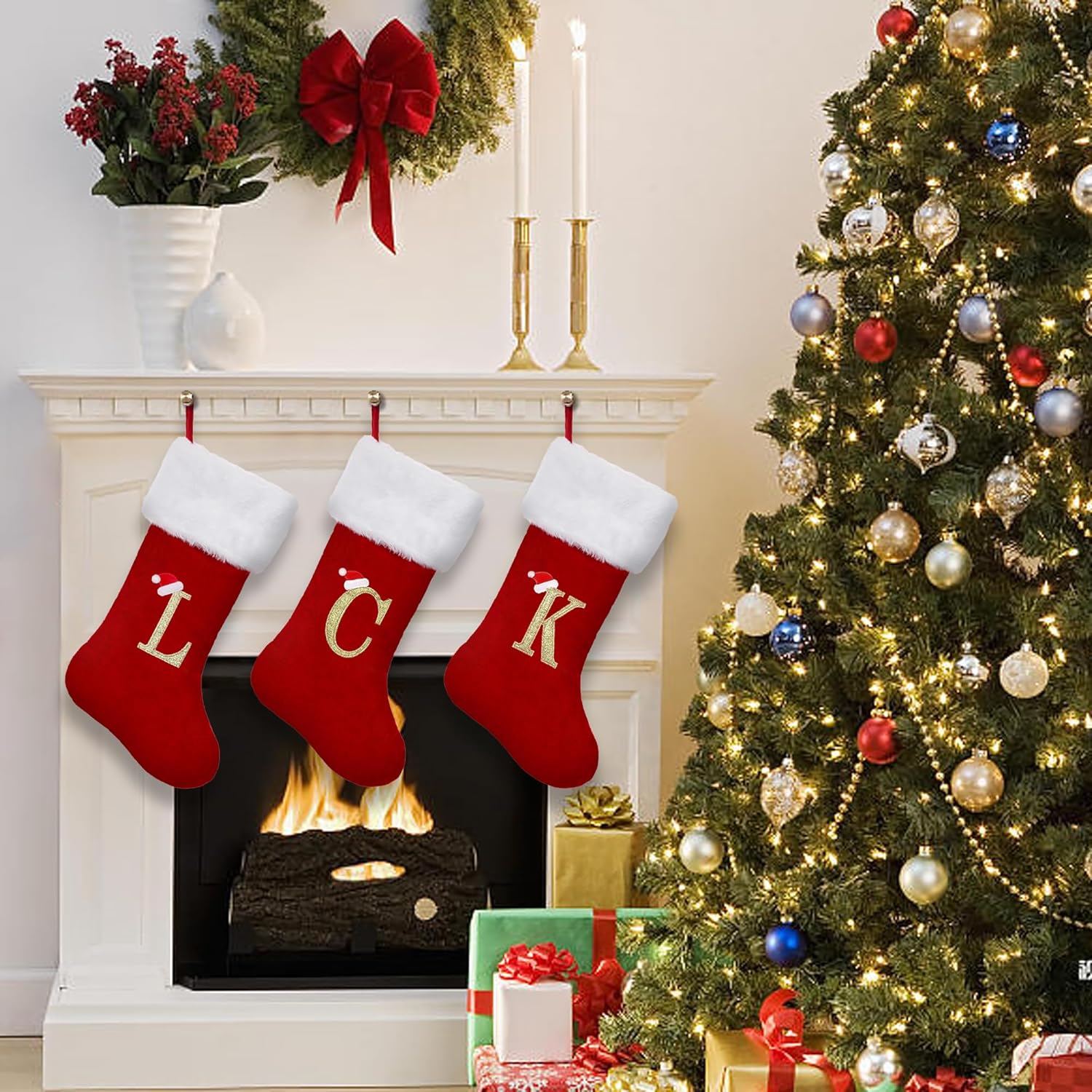 CRSTAFU Calcetines de Navidad personalizados con monograma, medias de Navidad con inicial familiar de 20 pulgadas, puño de felpa blanca súper suave