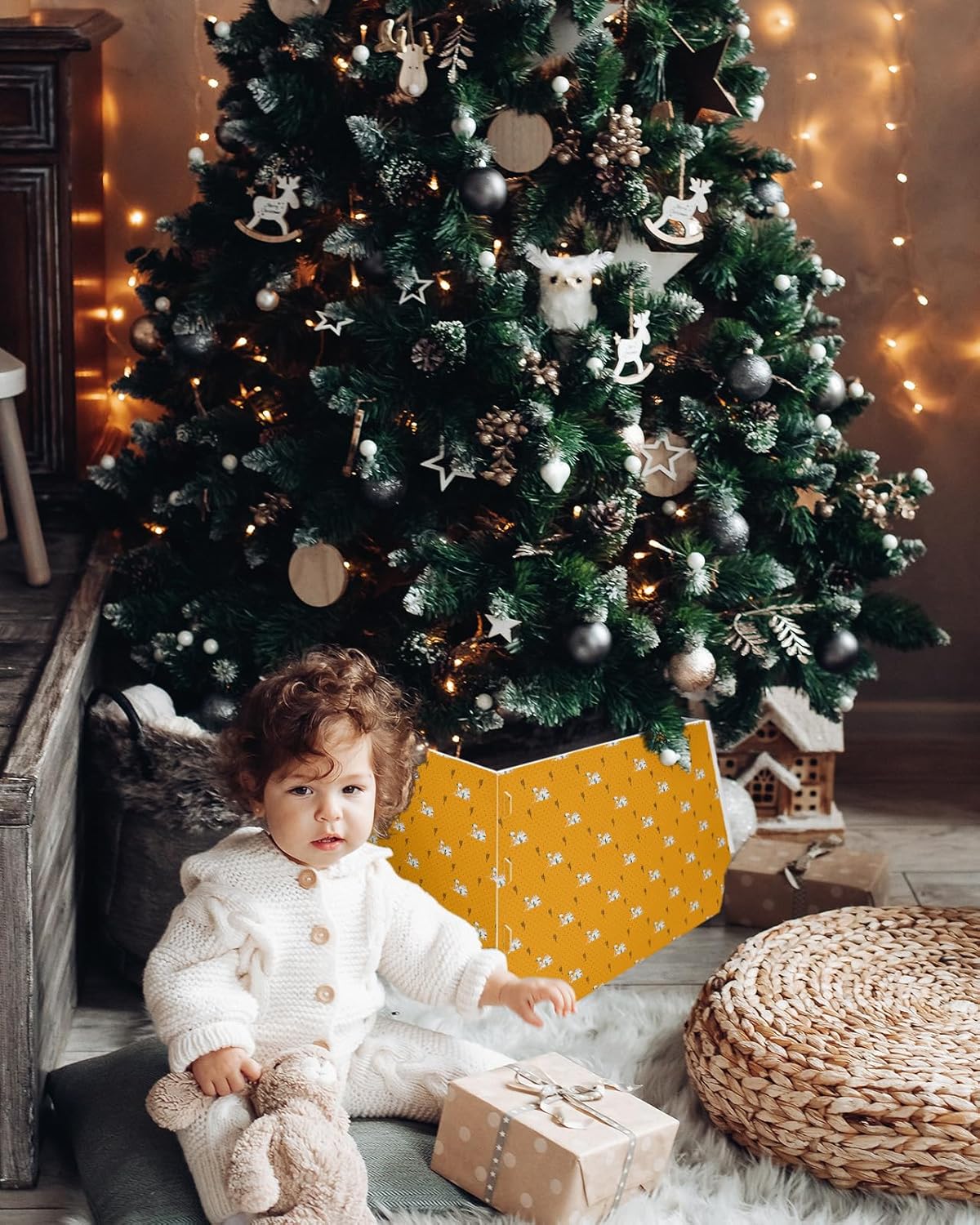 Christmas Tree Collar 4PCS-14.5″x 10″, Christmas Tree Ring Camel and Cactus on Polka Dot Background Christmas Tree Stands Skirts Base Covers for