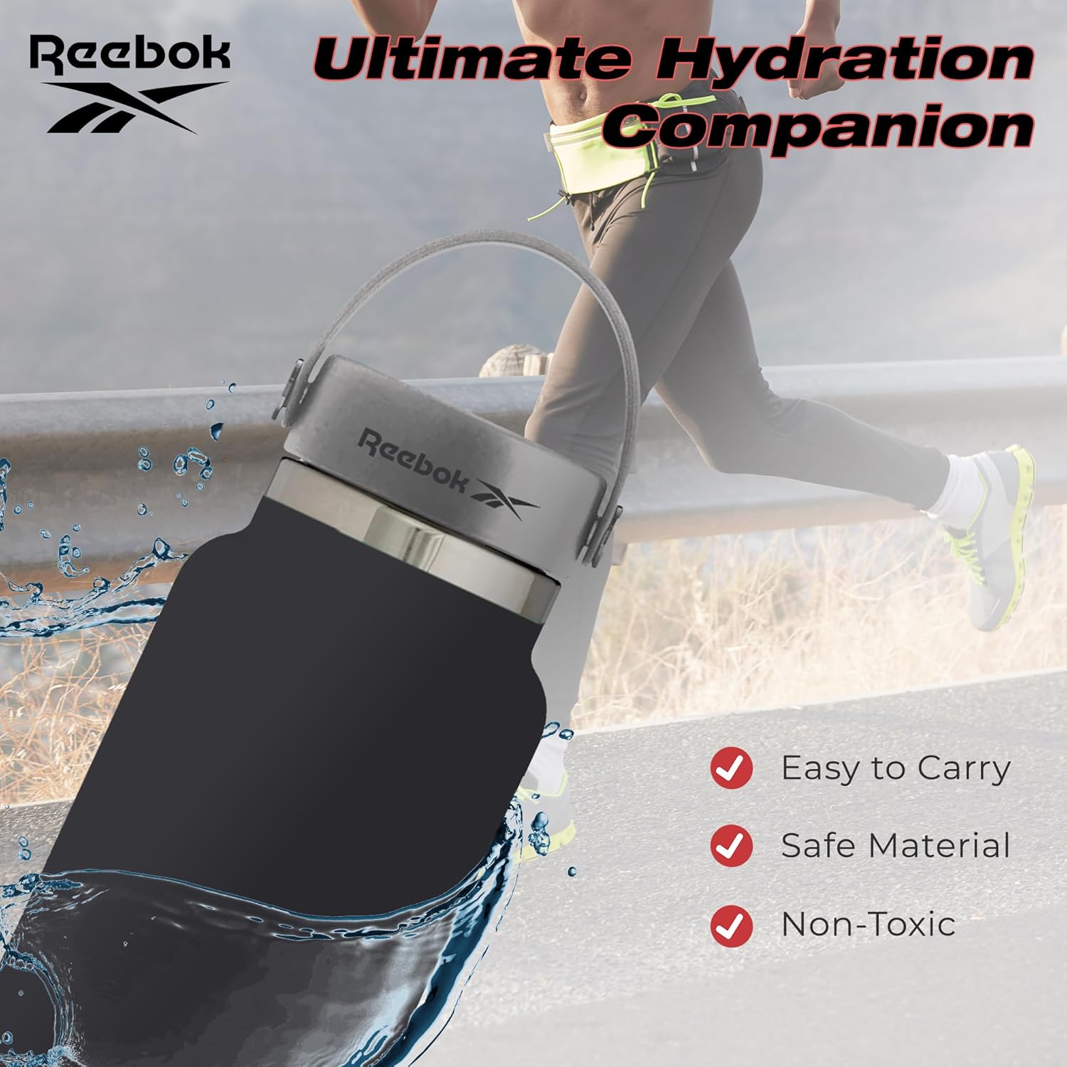 Reebok Botella de agua deportiva de acero inoxidable con asa, botella de agua aislada de 40 onzas, botella de agua deportiva aislada al vacío de