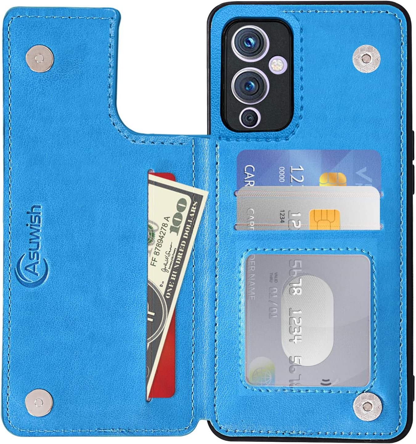Asuwish Funda de teléfono para OnePlus 9 OnePlus9 5G Funda tipo cartera con protector de pantalla de vidrio templado y soporte para tarjetas de