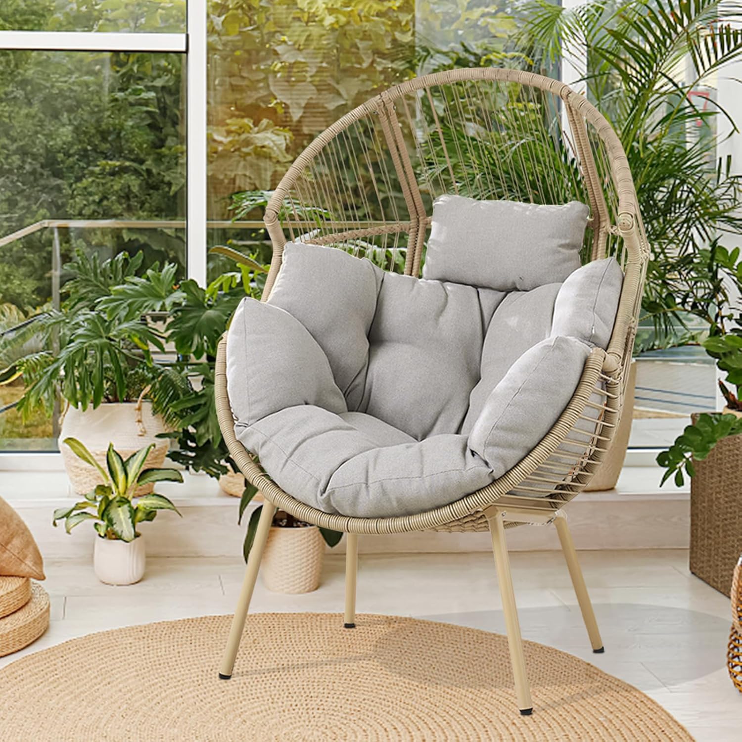Belord Silla de mimbre con otomana, capacidad de 350 libras de capacidad, para interiores y exteriores, con forma de huevo, con soporte, cojín