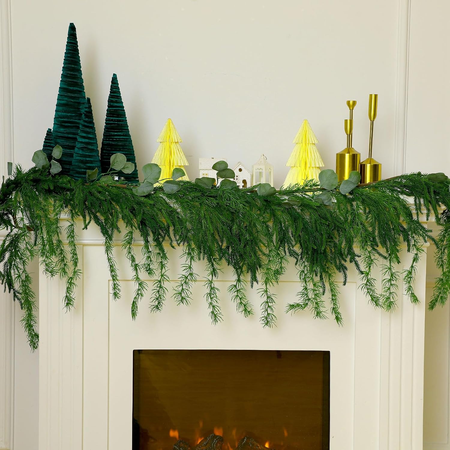Guirnalda de pino Norfolk de Navidad, guirnalda artificial de vegetación sintética para decoración de manto interior de vacaciones (6 pies, 2