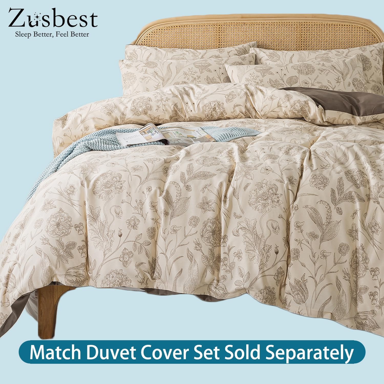 Zusbest Juego de sábanas de tamaño King de 100 % algodón percal, color beige floral, cepillado extra suave, sábanas de franela de lujo transpirable