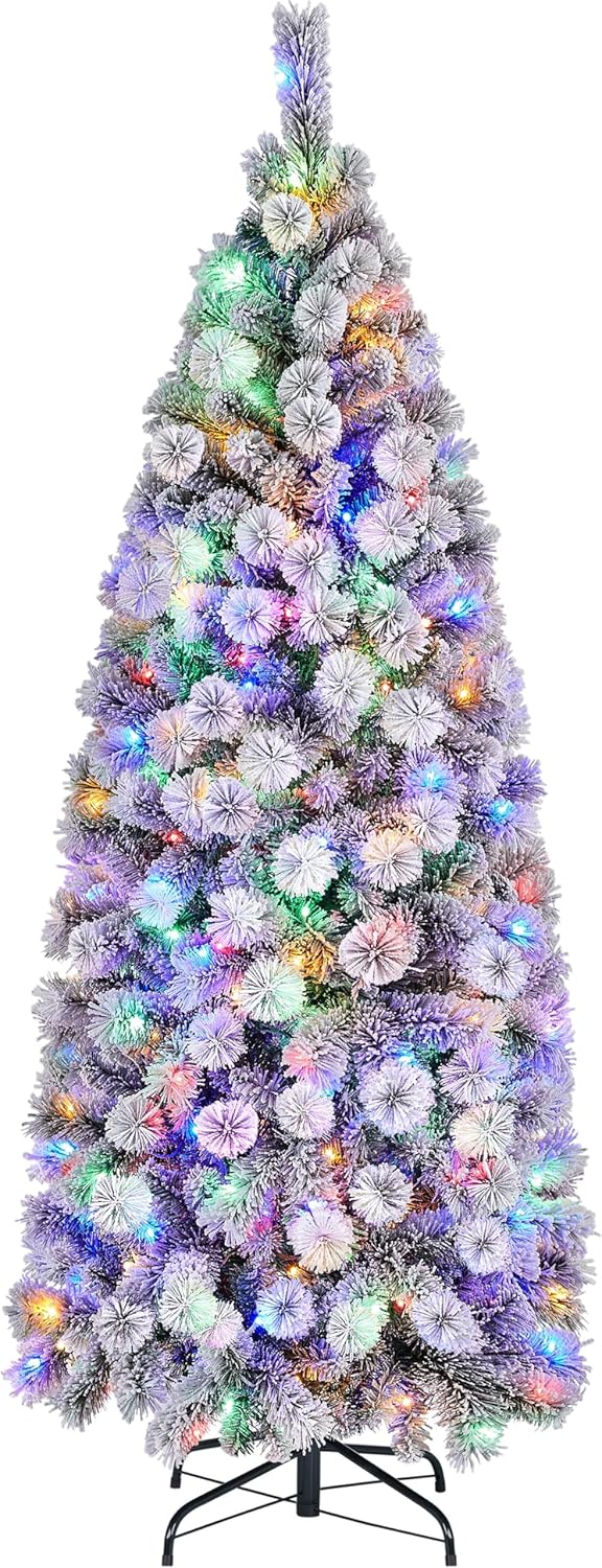 Yaheetech Árbol de Navidad flocado de nieve preiluminado de 6 pies, pino artificial con bisagras de alta calidad con 250 luces LED coloridas y 564