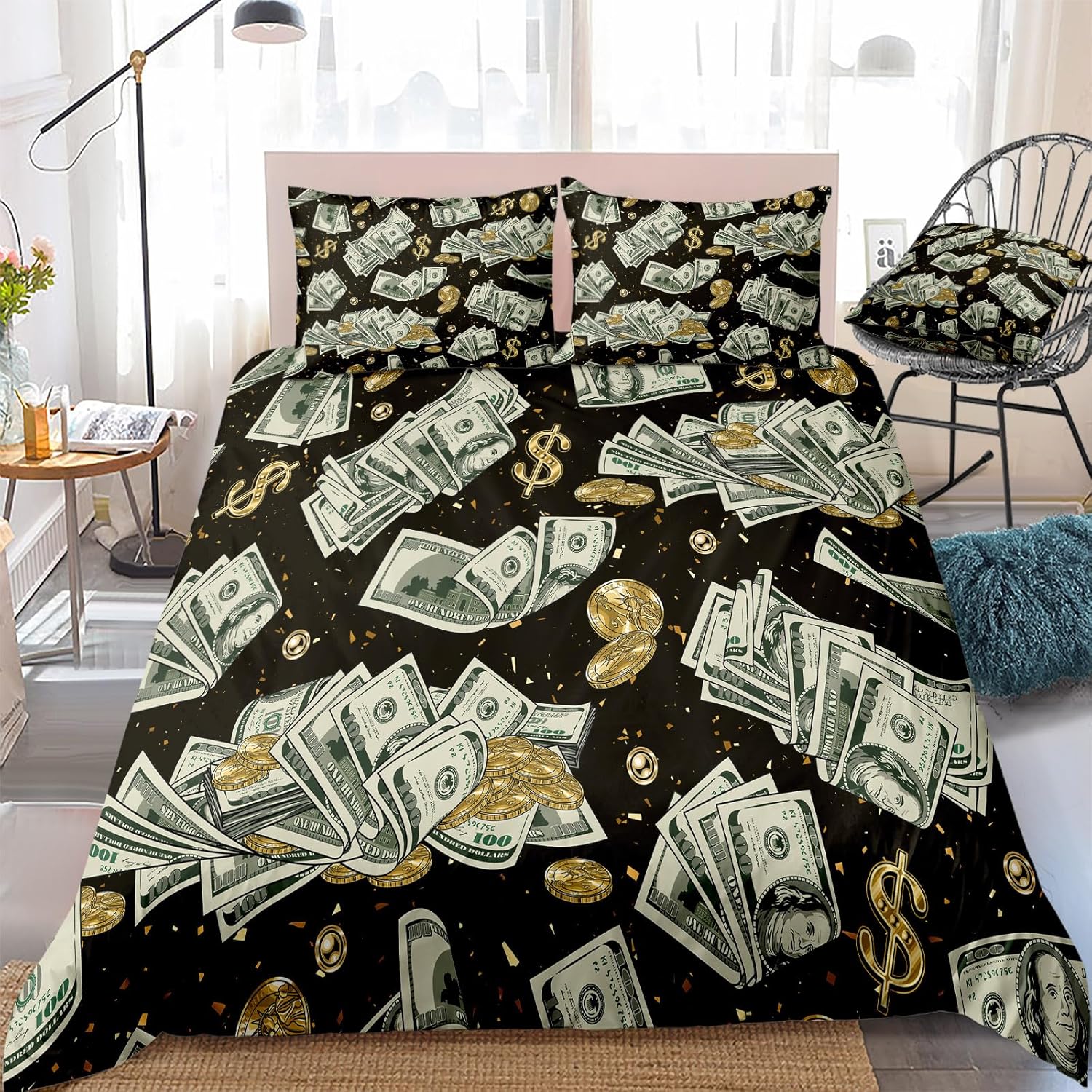 Merryword Juego de funda de edredón de lujo, tamaño King, juego de cama de billetes de dólar, patrón de monedas doradas abstractas, ropa de cama de