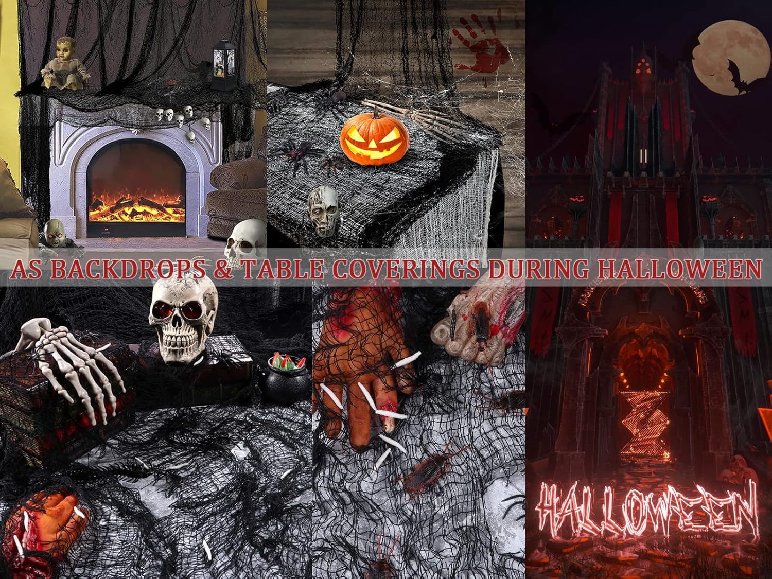 2 piezas de 78 x 100 pulgadas y 1 pieza de tela espeluznante negra de 78 x 200 pulgadas. Decoraciones de Halloween espeluznantes colgantes para