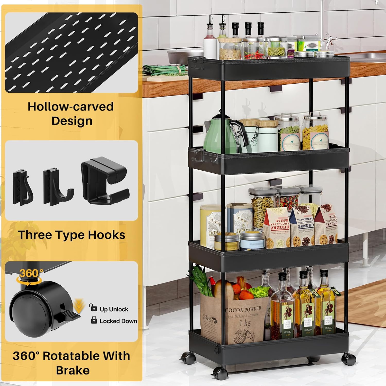 SPACEKEEPER Carrito de almacenamiento de 4 niveles, carrito rodante para baño, organizador de almacenamiento, estante móvil para cocina, sala de