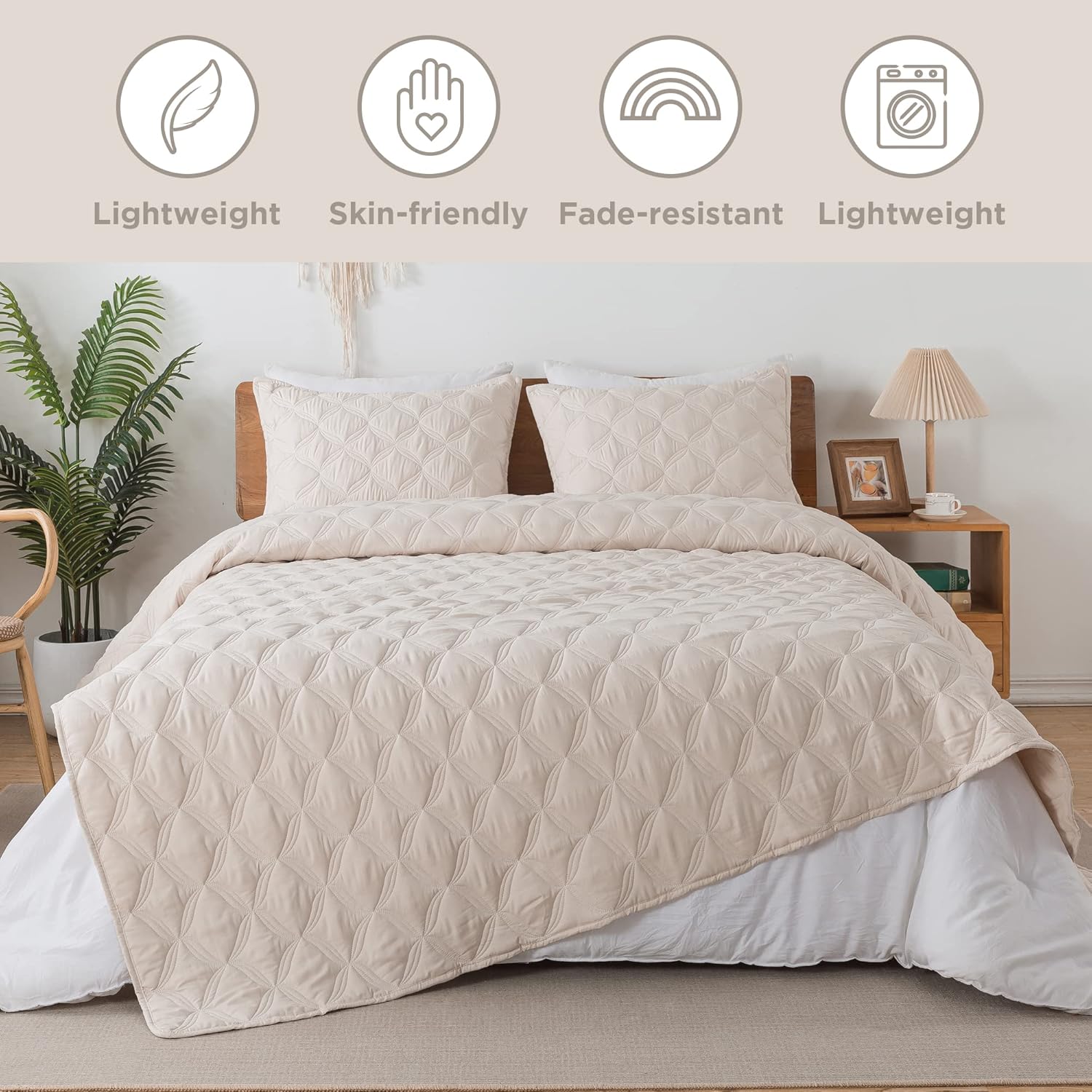 Litanika Juego de edredón beige tamaño California King, colcha ligera de verano de gran tamaño, funda de cama bohemia para decoración de cama, 3