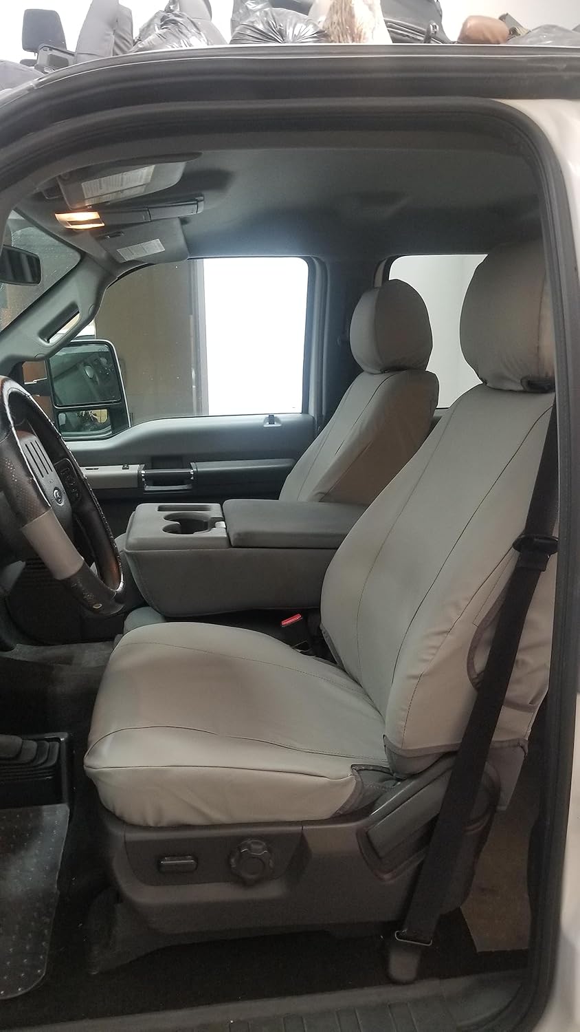 Durafit Seat Covers, Cuero sintético gris impermeable compatible con Ford F150 XLXLTLariat 2015-2022 y F250-F550 2016-2022, asientos delanteros
