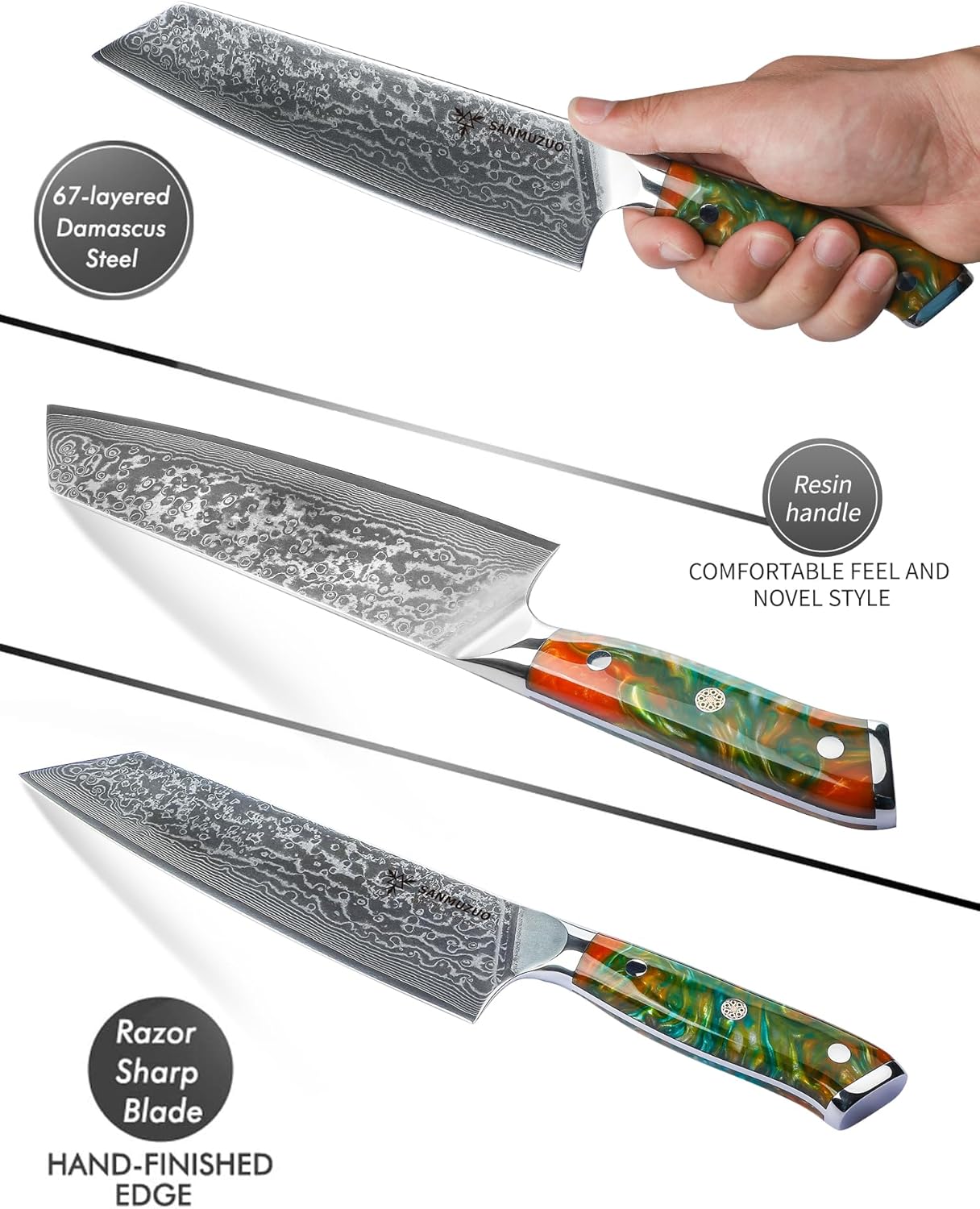 8.5 inch Kiritsuke Kitchen Chef Knife – 67 Layers Damascus Steel & Resin Handle – Xuan Series(Fantasy Orange)