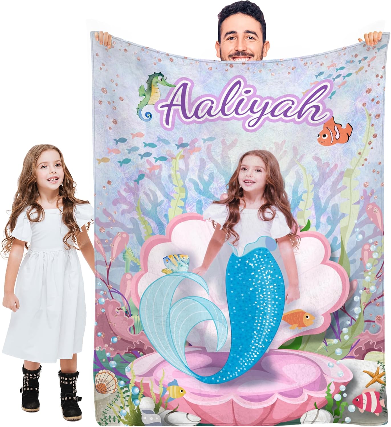Artsadd Manta de sirena con foto de nombre, regalos personalizados de sirena para niñas, manta de sirena personalizada, regalos para niños y niñas,