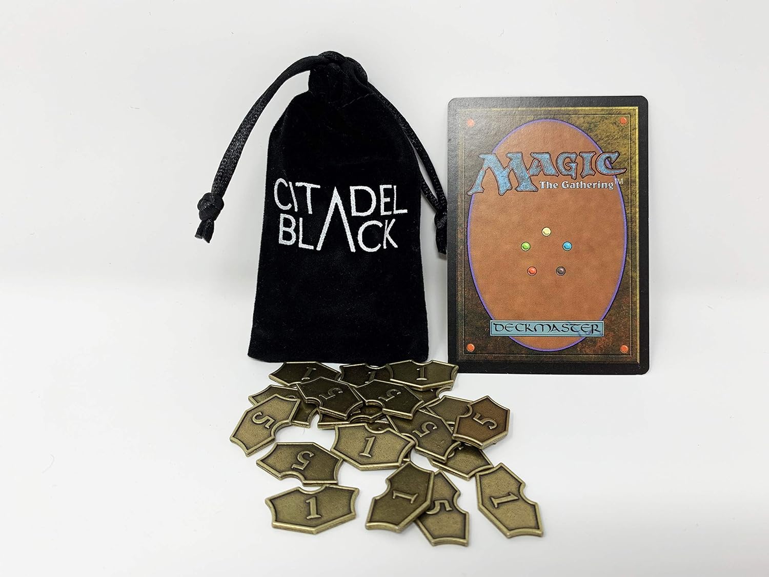 Citadel Black MTG – Juego de 20 fichas de metal para lealtad, con bolsa de cordón de terciopelo, fichas de metal con acabado dorado antiguo, Magic