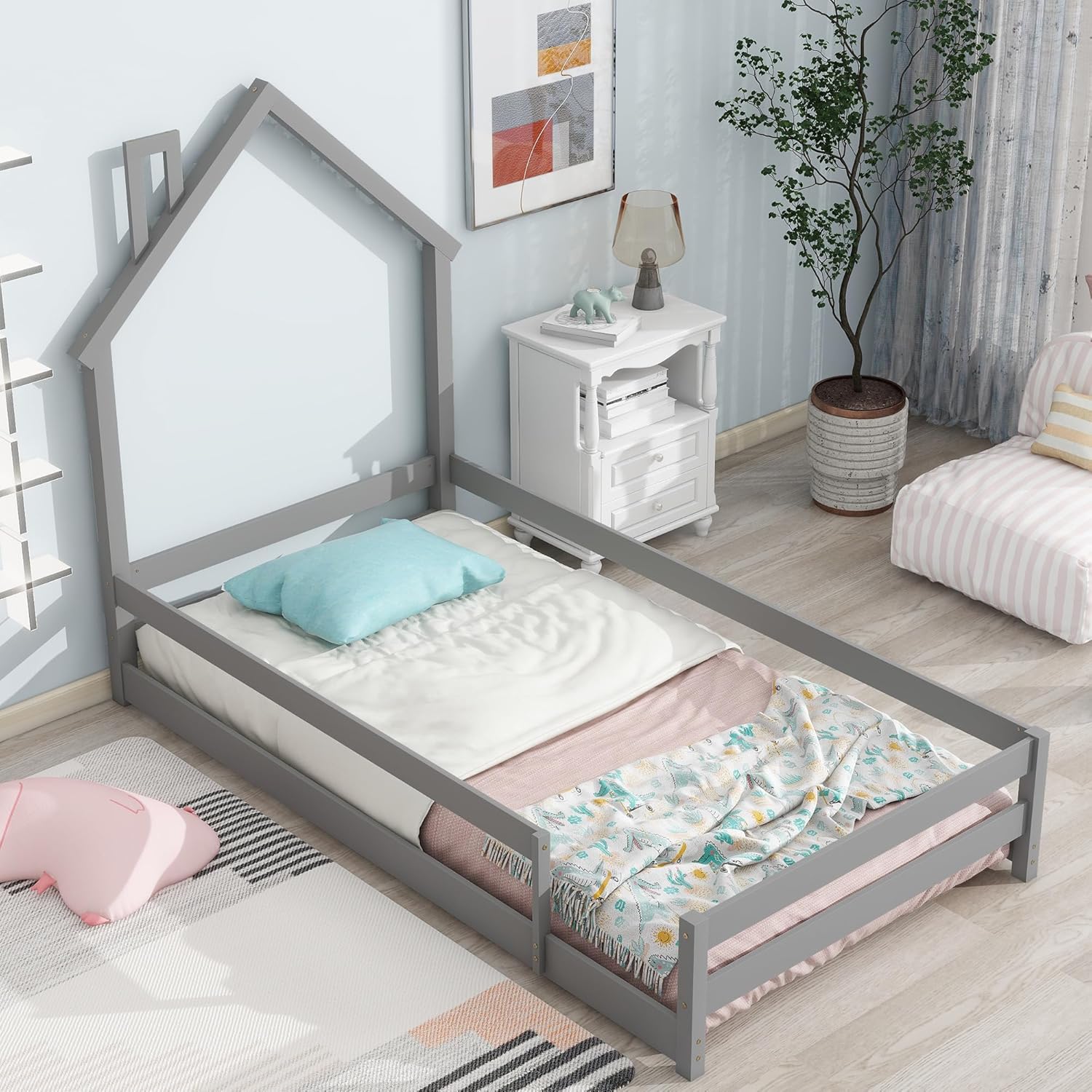 Cama de suelo Montessori individual, marco de cama de tamaño individual con cabecero y cercas en forma de casa, cama de piso individual para niños,