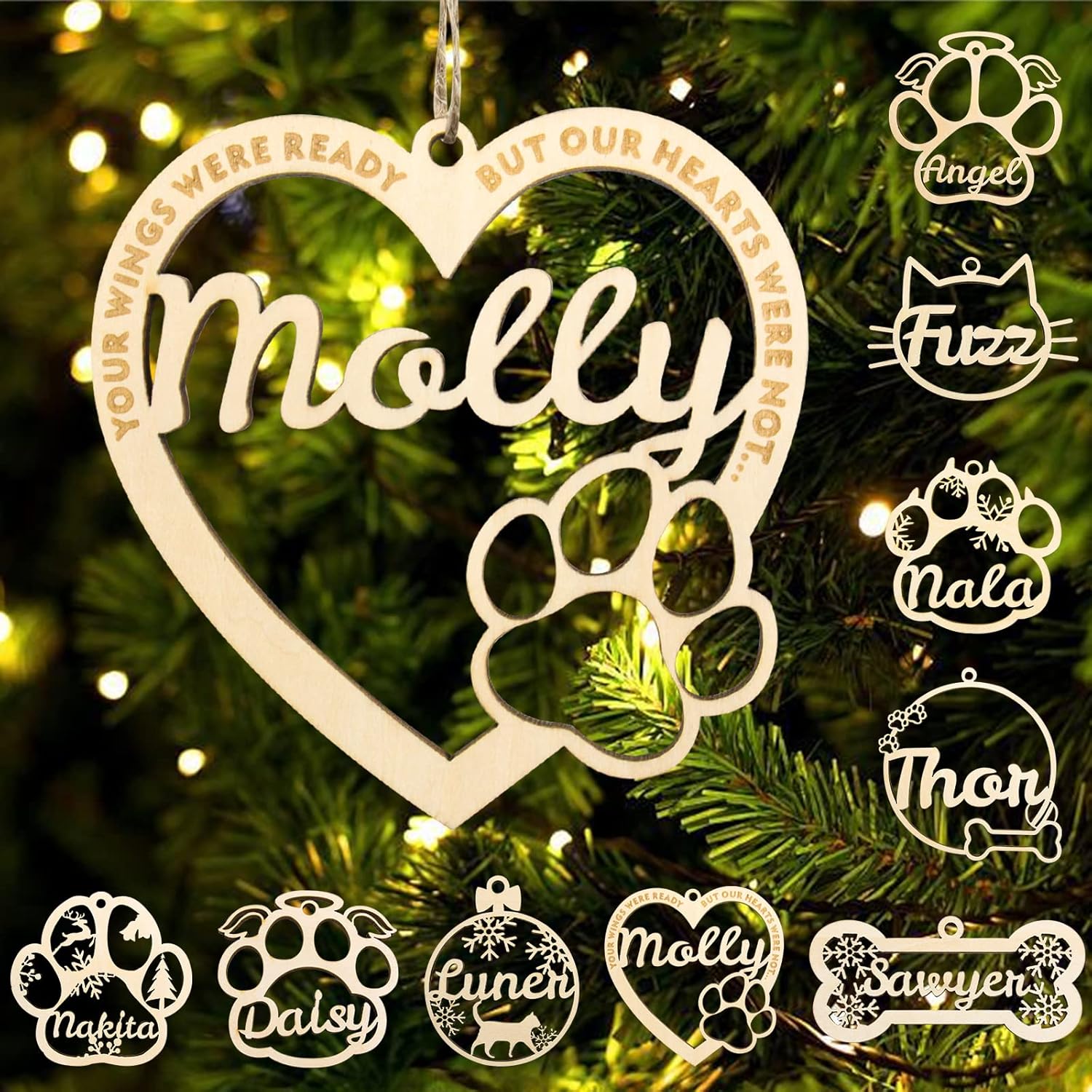 Adorno personalizado de pata de perro y gato, adorno personalizado con nombre de mascota, adornos de madera personalizados en forma de corazón para
