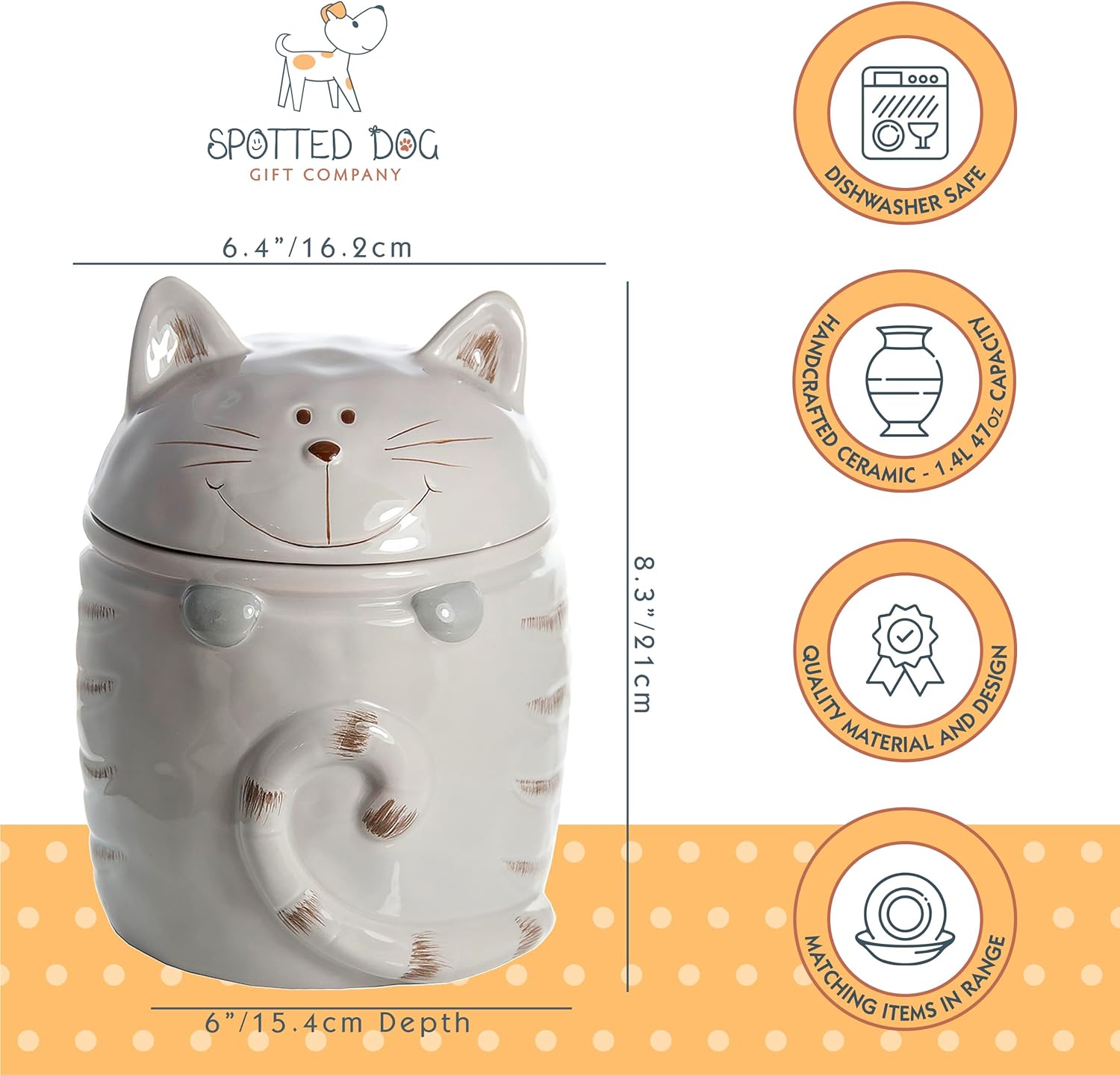 SPOTTED DOG GIFT COMPANY Tarro de galletas para gatos con tapa, recipiente de cocina de cerámica para encimera, lindo recipiente de almacenamiento