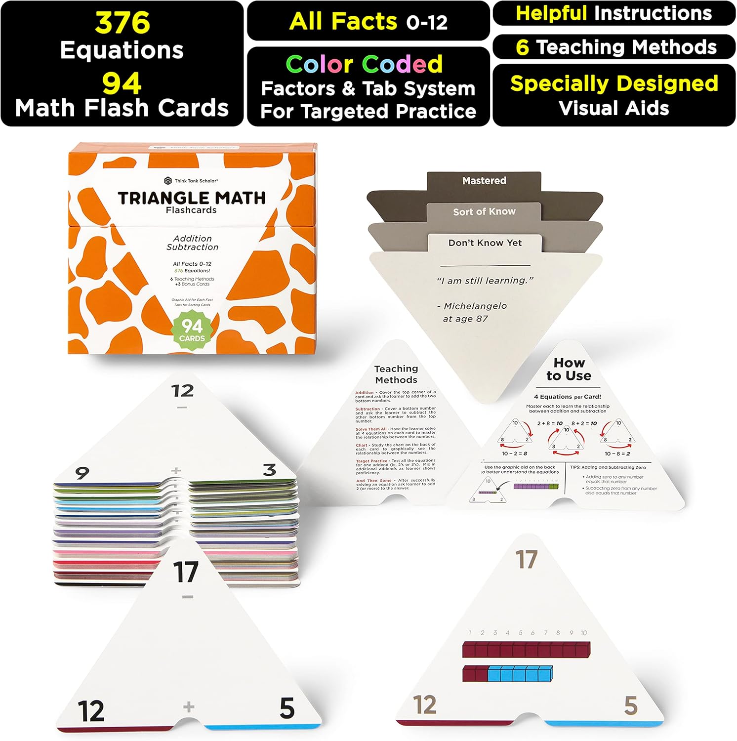 Think Tank Scholar Juego de tarjetas flash triangulares de suma y resta (376 ecuaciones matemáticas), todos los hechos 0-12 – codificados por
