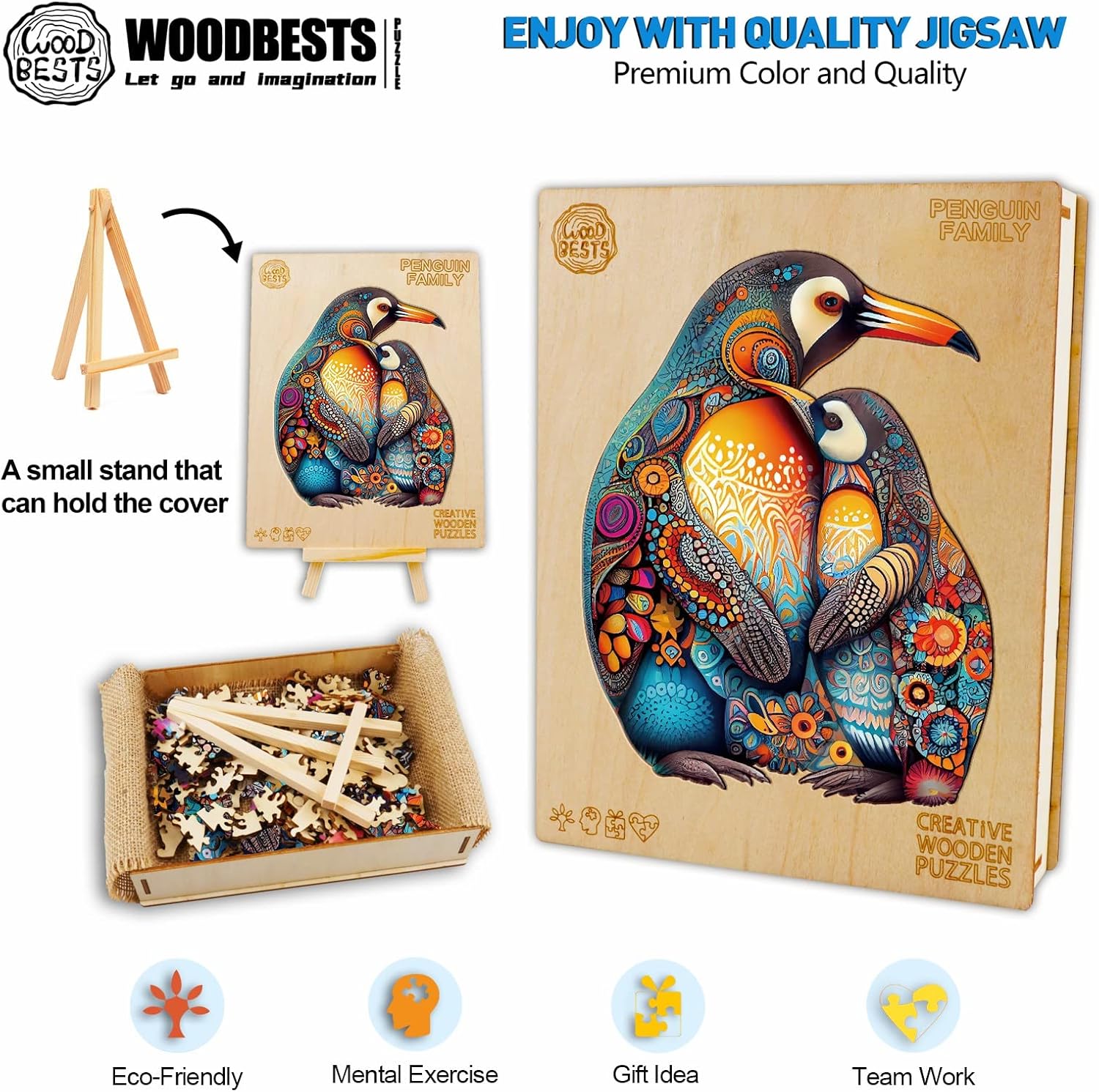 WOODBESTS Rompecabezas de madera para adultos, rompecabezas familiar de pingüinos (L, 300 piezas, 15.7 x 12.8 pulgadas), hermosa caja de madera,