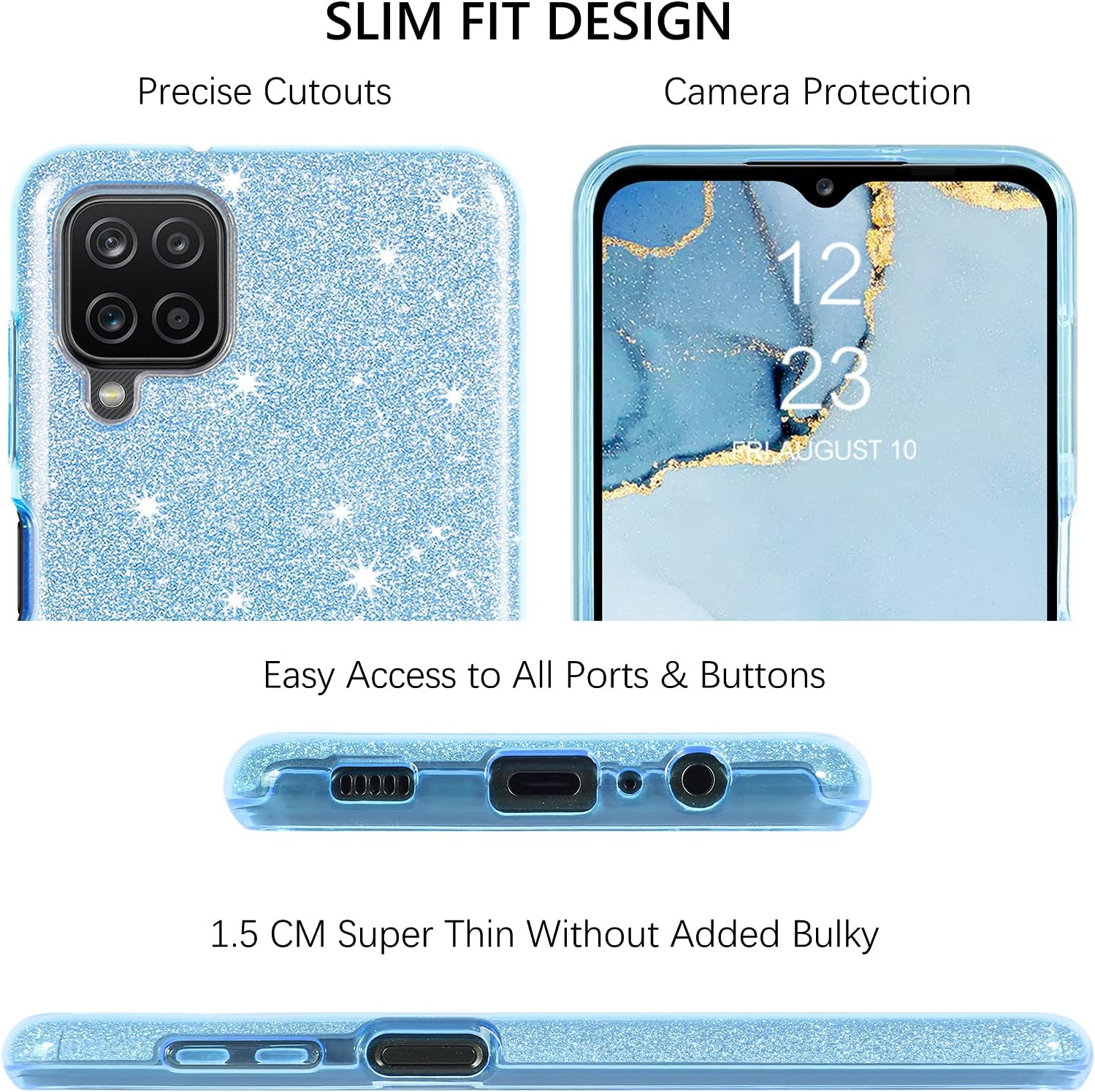 GUAGUA Funda compatible con Samsung Galaxy A12 5G de 6.5 pulgadas con purpurina brillante y bonita funda para mujeres y niñas, con soporte adicional