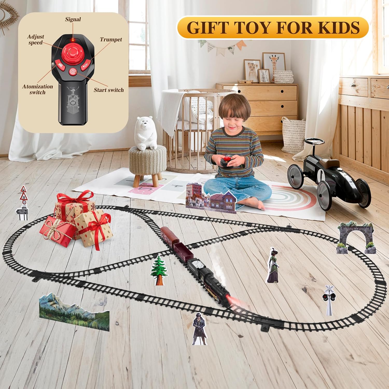 Juego de tren para niños, juguete de tren a control remoto con vehículo de carga, motor de locomotora de vapor, pistas largas de tren debajo del