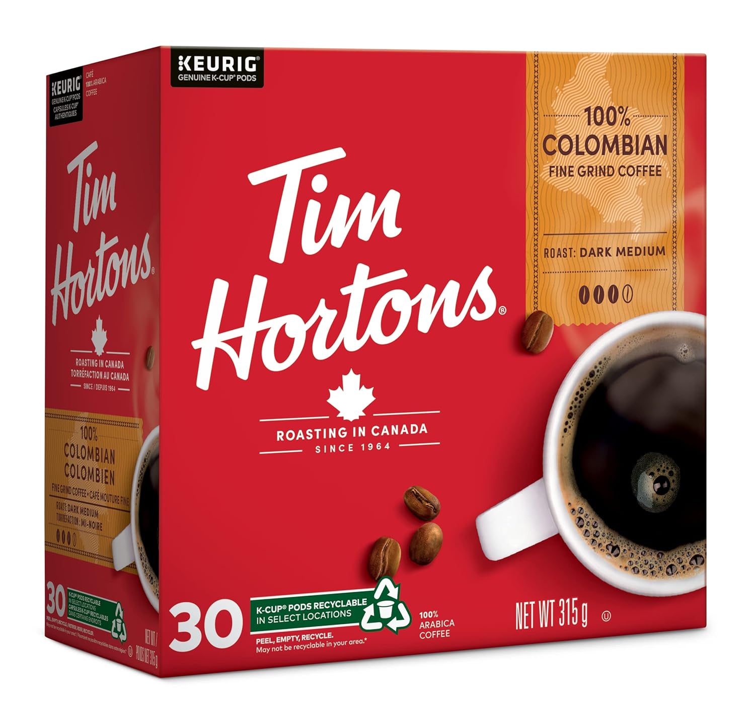 Tim Hortons Café colombiano, cápsulas Keurig K-Cup de una sola porción, tostado medio oscuro, 30 unidades Importado de Canadá