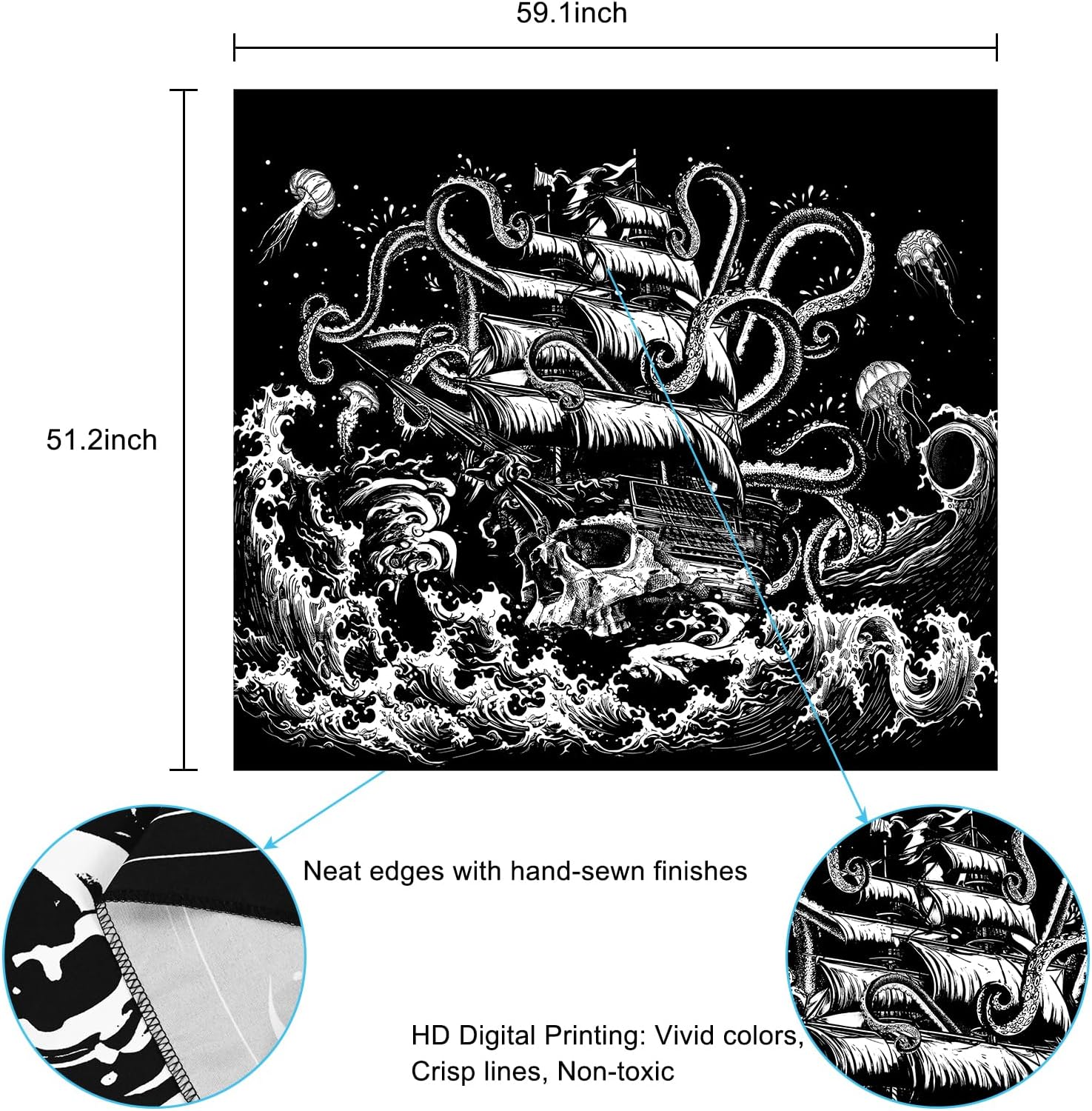 Krelymics Tapiz de olas del océano, tapices náuticos, tapiz de anime japonés, tapiz gótico de velero, decoración de pared, tapiz de pulpo blanco y