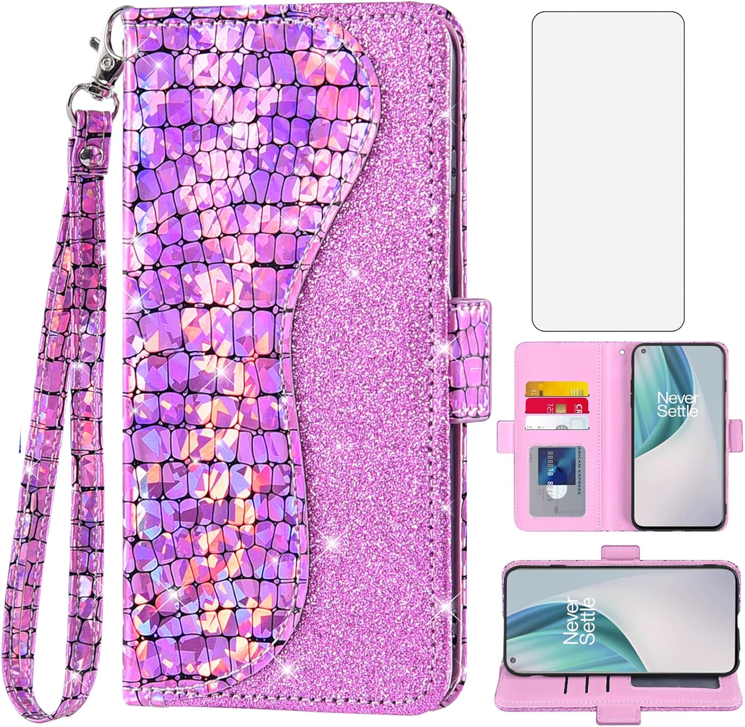 Asuwish Funda de teléfono para OnePlus Nord N10 5G Funda tipo cartera con protector de pantalla y tarjetero abatible con purpurina para celular One