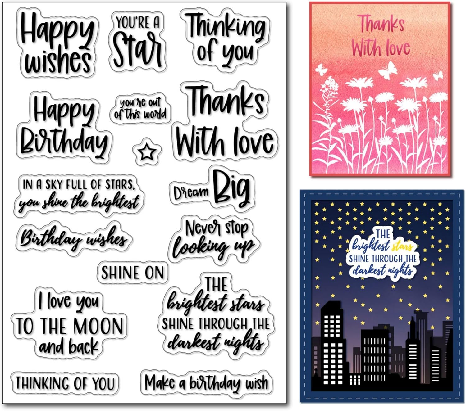 Arbuya Sellos transparentes para hacer tarjetas o escribir en diario, con palabras de cumpleaños, diseño de texto en inglés “Thank You”, sellos de