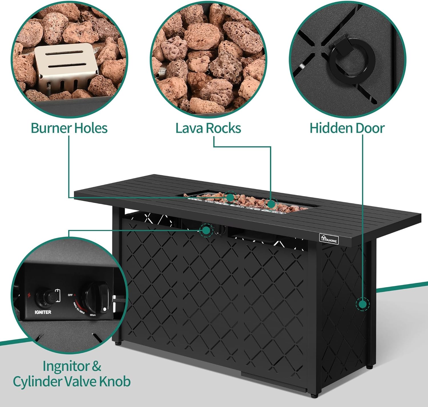 YITAHOME Mesa para fogata de propano de 57 pulgadas, hoguera de gas de 50,000 BTU con sistemas de encendido, mesa de hierro, roca de lava, cubierta,