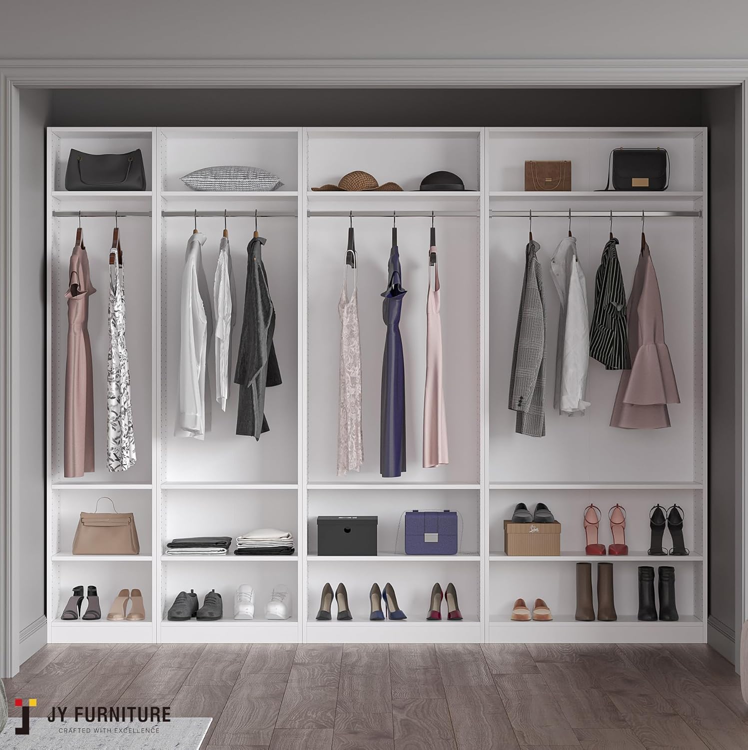 JY Furniture JYCL – Organizador de armario de madera, sistema modular de armario con 3 estantes ajustables y barra para colgar, 18-36 W, fácil de