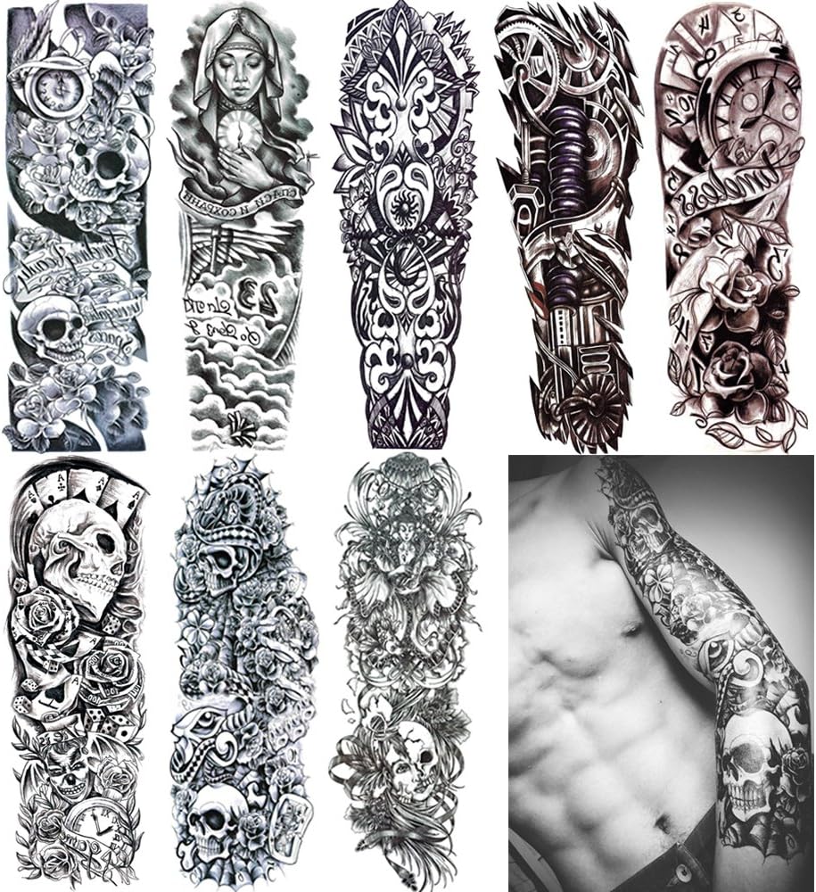 Juego de 8 hojas de tatuajes falsos temporales extra grandes de 18.9 x 6.7 pulgadas para hombres y mujeres, calcomanías de tatuaje de brazo