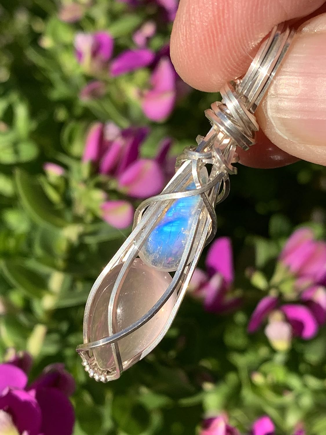 Moonstone and Rose Quartz Crystal Pendant Necklace Sterling Silver or 14K Gold Fill Love Healing Stone Valentines day Jewelry MR7 (sterling-silver)