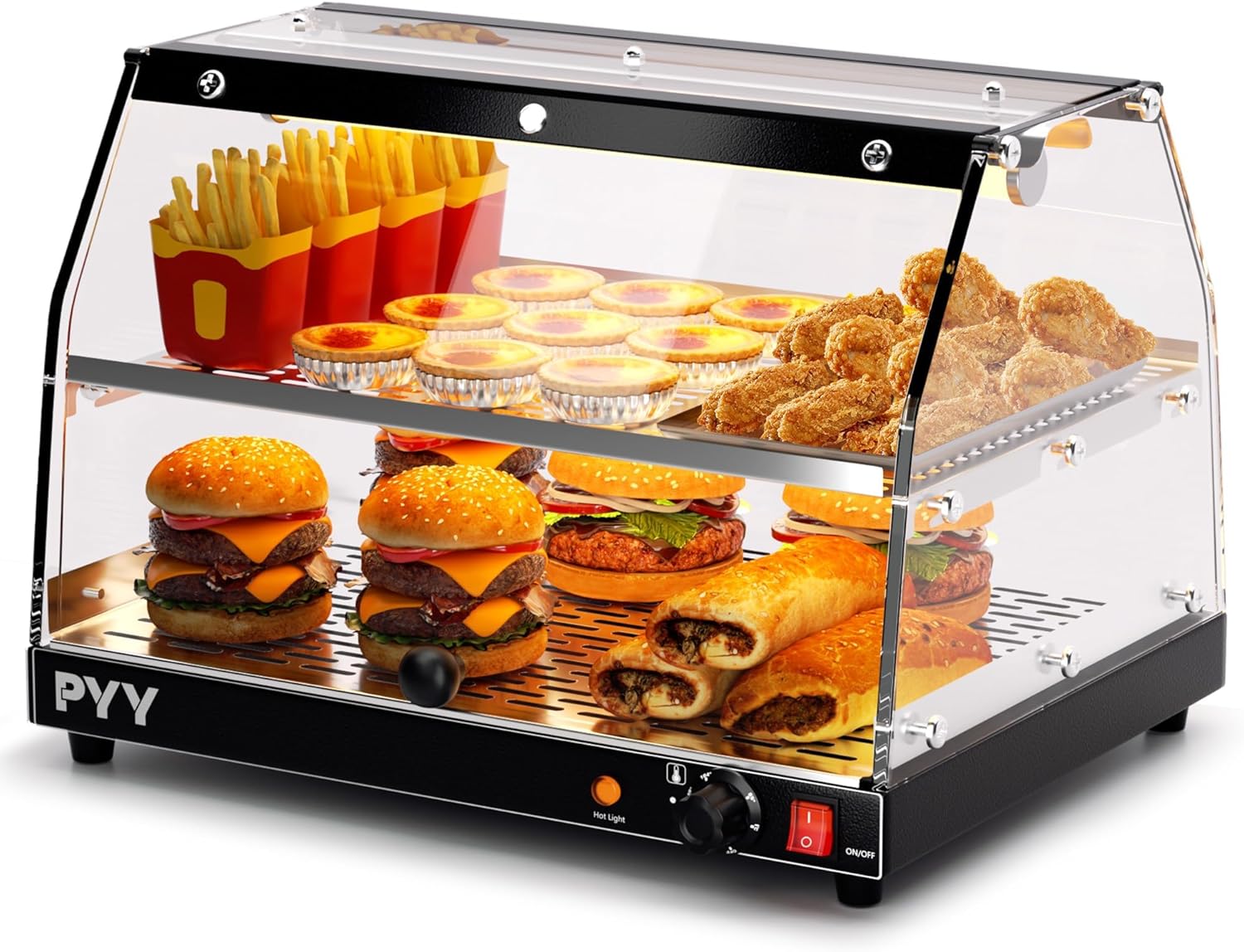 PYY Calentador de alimentos comercial para encimera, calentador de pizza, encimera de 2 niveles con iluminación LED, calentador de pantalla de