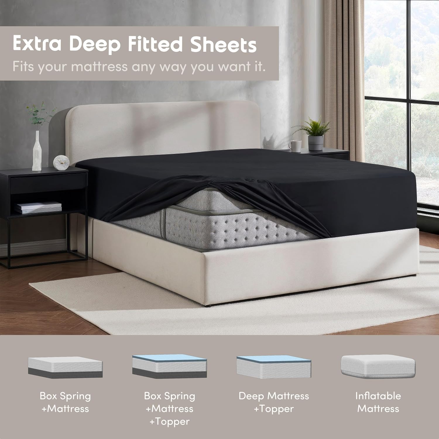 Nestl Bedding – Sábanas bajeras con bolsillo profundo de 53 cm, Microfibra, Negro, gemelo