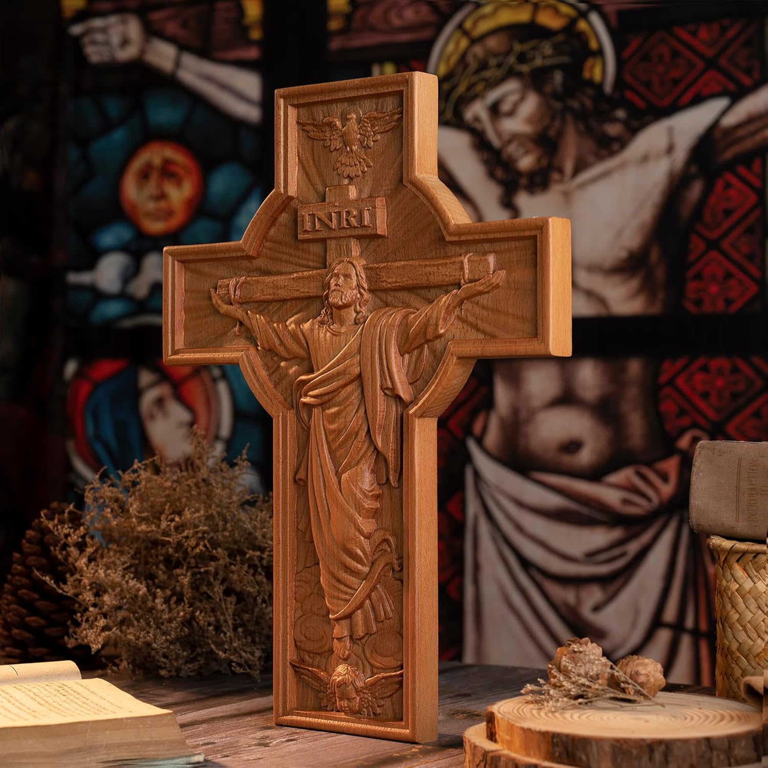 BGCOPPER Cruz de pared de crucifijo hecha a mano con gancho, cruz de Jesús INRI, decoración Wll para iglesia, hogar, habitación, regalos de Navidad