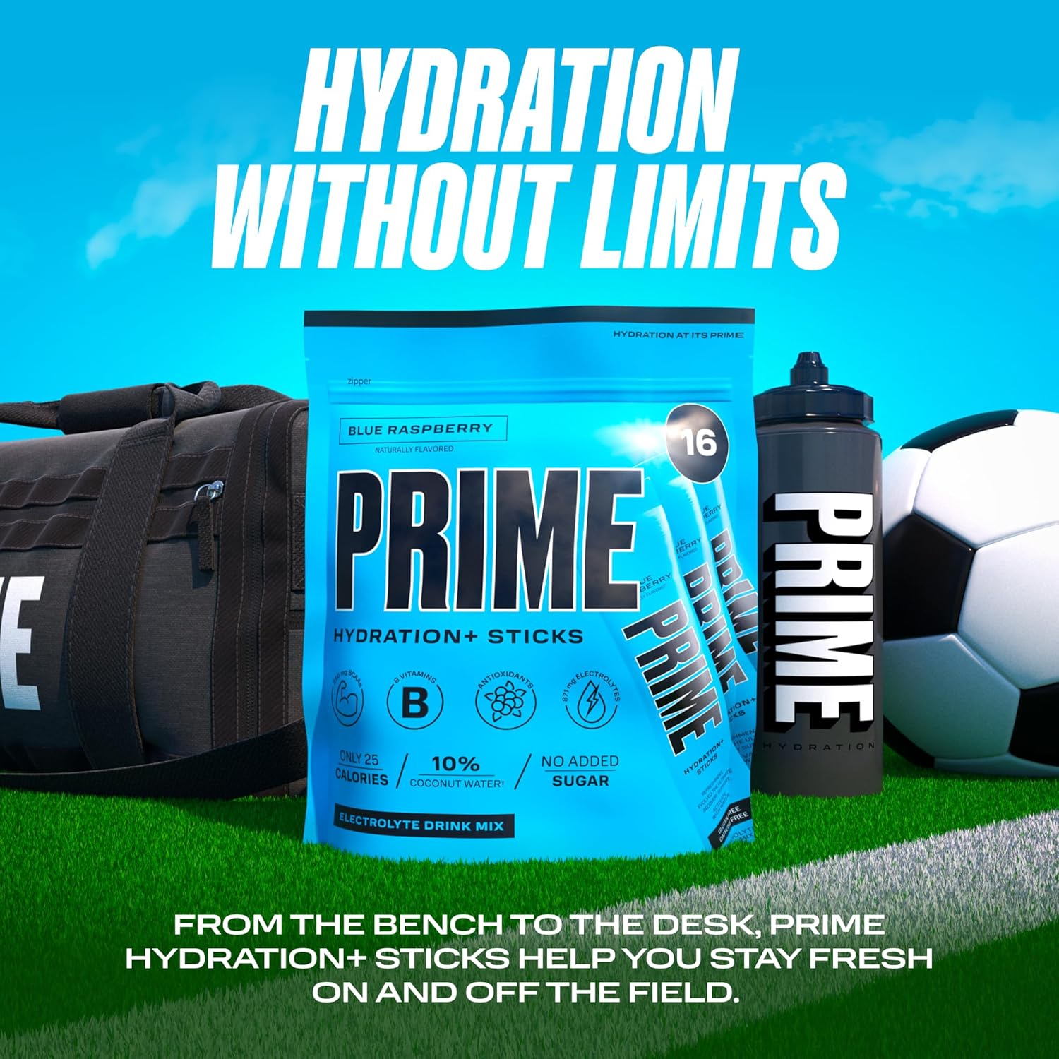 PRIME HYDRATION + Sticks Blue Raspberry  Palitos de hidratación en polvo de una sola porción  Polvo de electrolitos sobre la marcha  250 mg de BCAA,