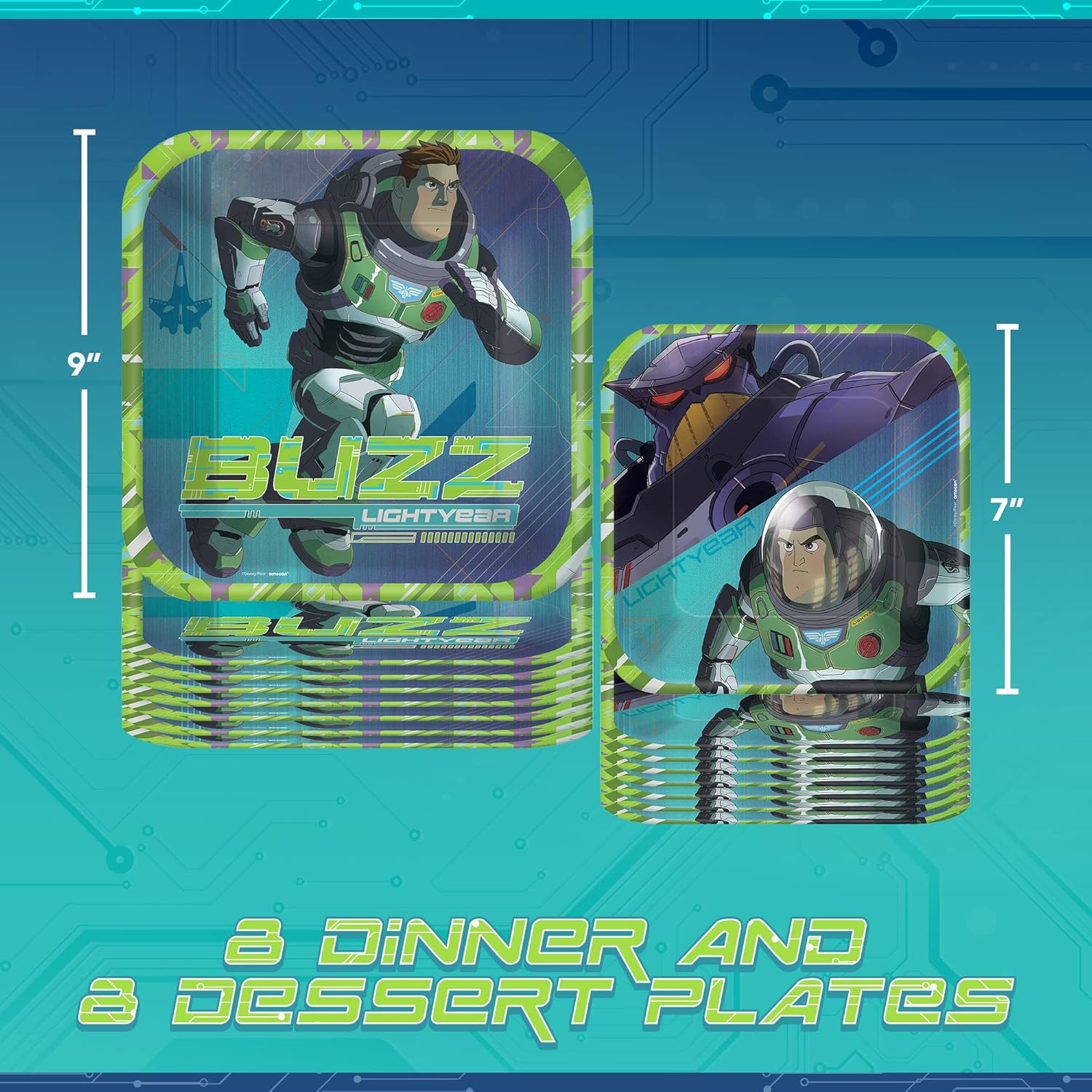 Amscan Buzz Lightyear – Paquete de vajilla para fiesta, 8 platos cuadrados para cena y postre, 16 servilletas de almuerzo y bebidas, juego de