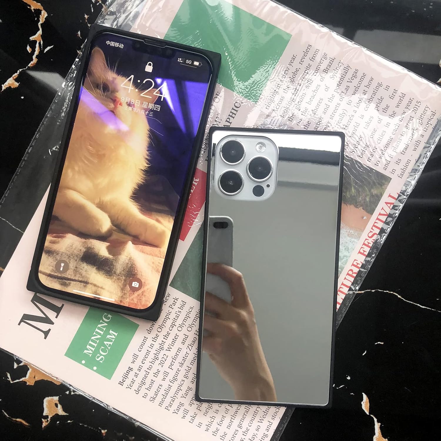VAOXTY Funda compatible con iPhone 15 Pro con espejo cuadrado, bonita para mujeres y niñas, diseño de espejo de cristal de maquillaje, diseño de