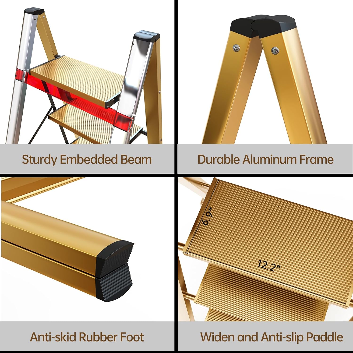 Taburete plegable de 3 escalones para armariococina-Escalera de aluminio dorado, escaleras plegables ligeras de 330 libras con pedal ancho