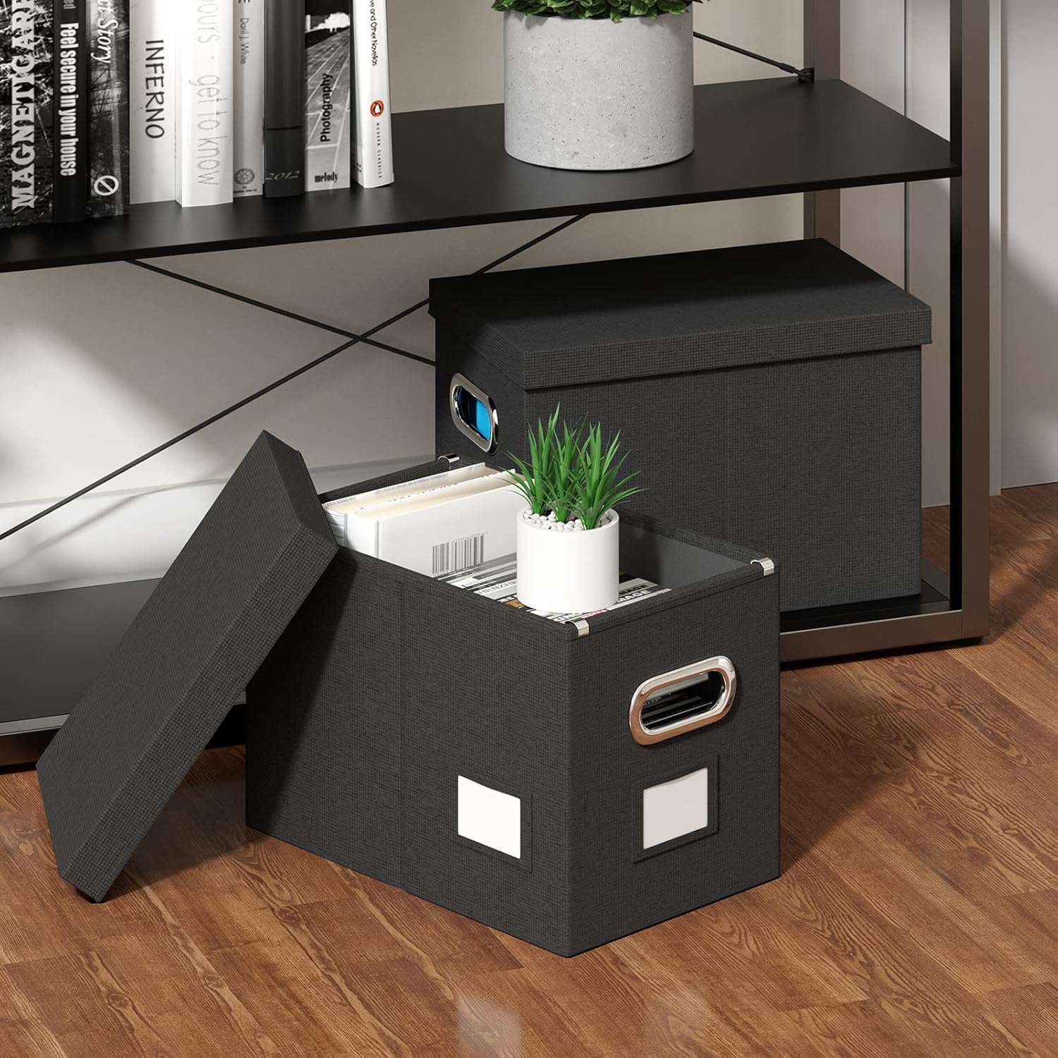 Caja de archivos colgante con tapa, juego de 4 organizadores de archivos, caja de almacenamiento plegable de lino decorativo para oficinahogar (14 x