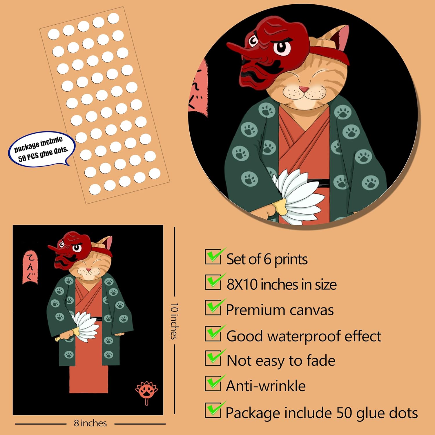 Samurai – Juego de 6 pósteres de gato japonés, decoración de pared de bushido japonés, pinturas de gato de Kung Fu, fotos divertidas de gato de