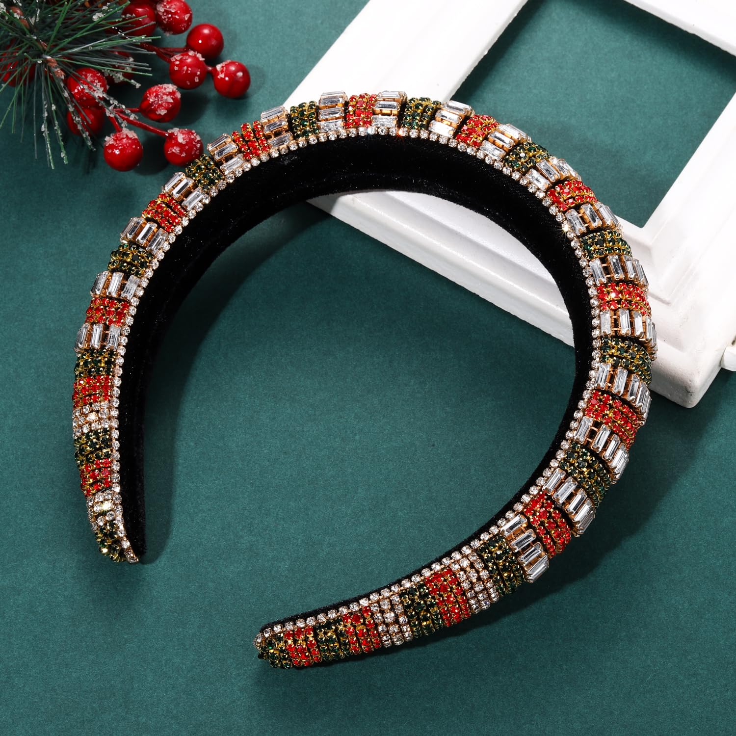 NVENF Diadema de Navidad con diamantes de imitación de cristal para mujer, diadema ancha de terciopelo con cuentas de color rojo y verde, accesorio