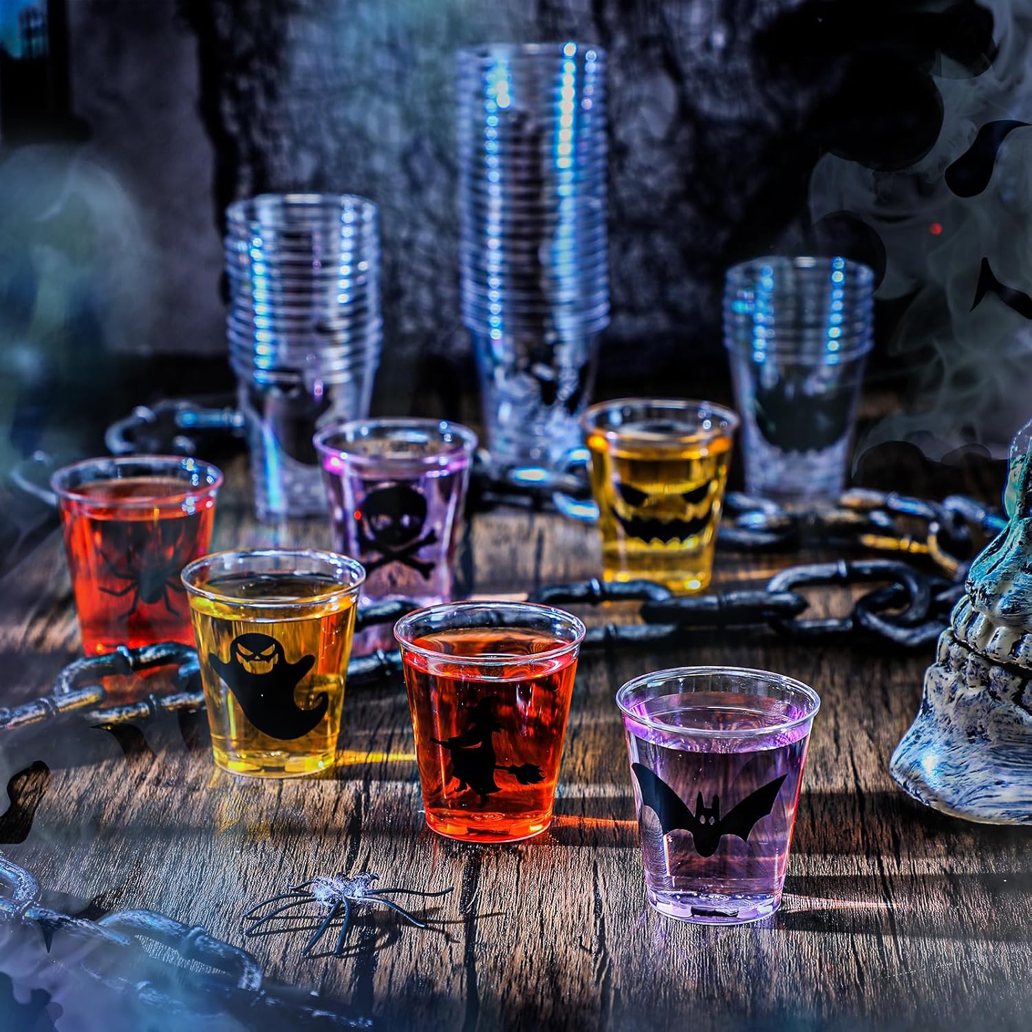 Mumufy 120 vasos de chupito de plástico de Halloween de 1.69 onzas desechables para fiestas, vasos de calabaza y fantasmas, muestra clara, tazas