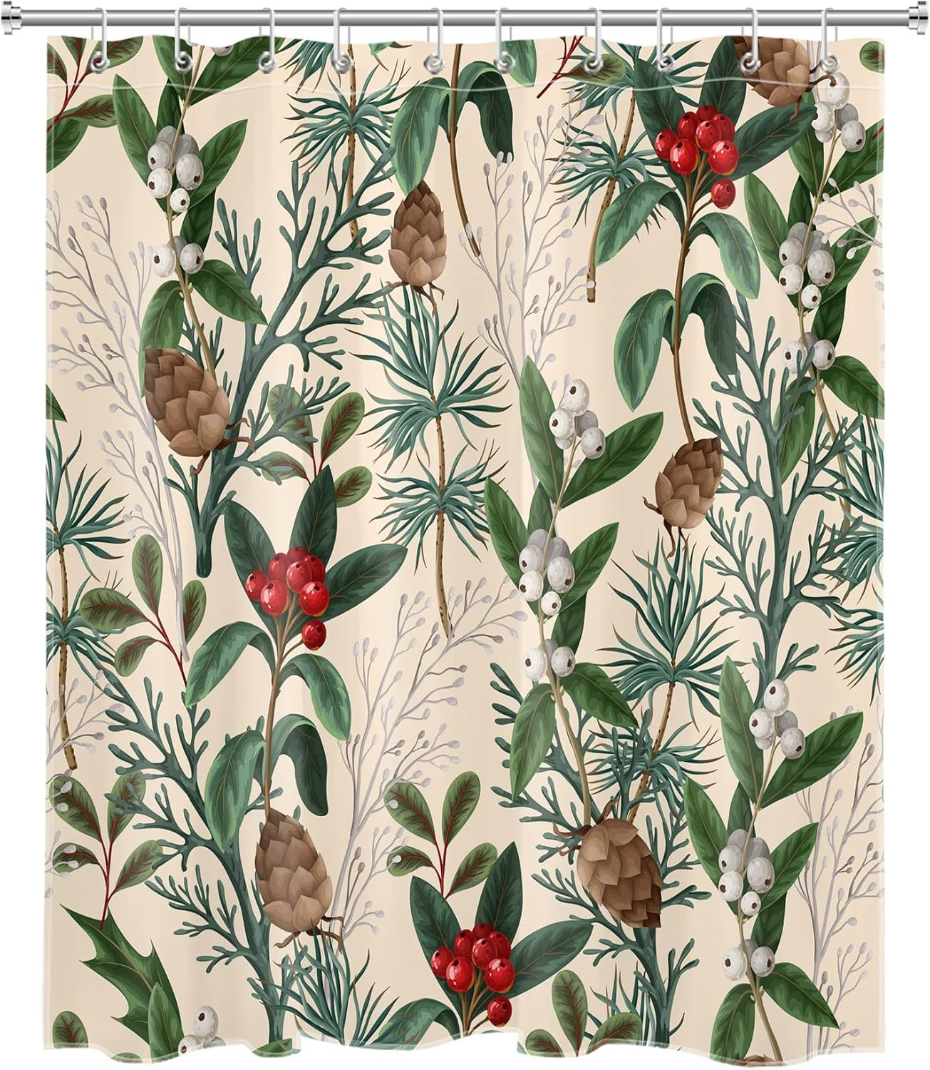 EOBTAIN Cortina de ducha rústica con hojas de plantas para baño, diseño de piña y fondo navideño rojo y verde, con 10 ganchos, juego de cortinas de