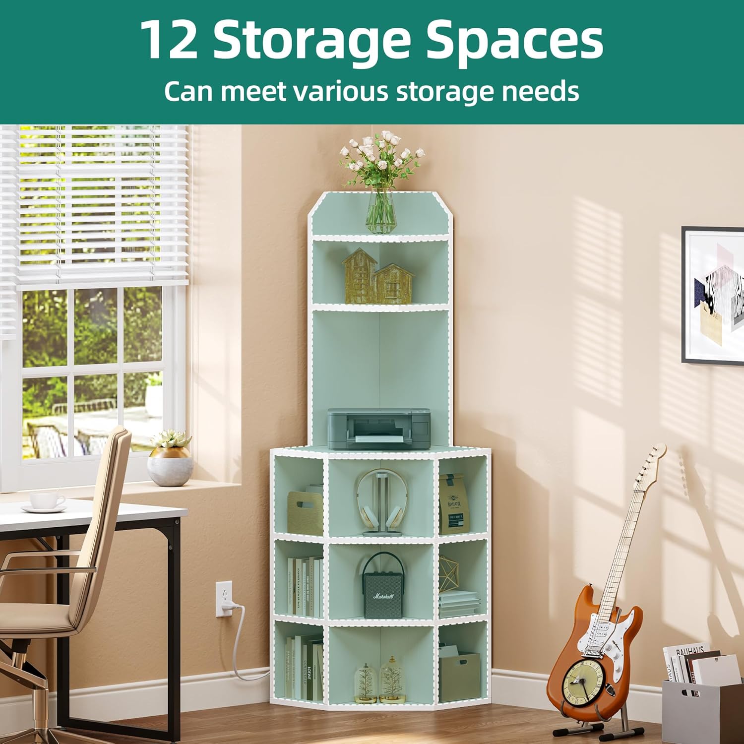 YITAHOME Estante esquinero con puertos USB y tomacorrientes, moderno estante de almacenamiento de esquina para gabinete, estación de carga,