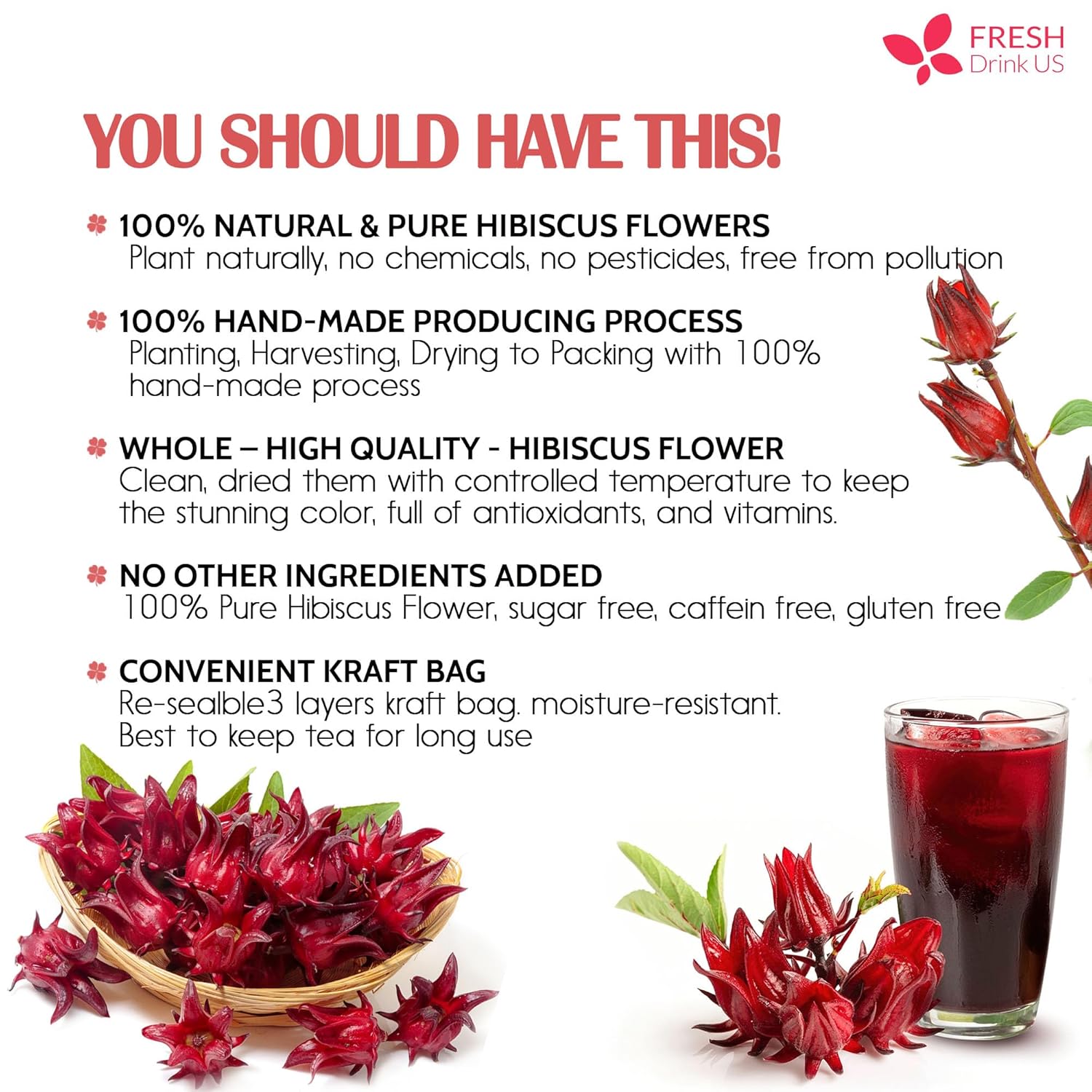 FreshDrinkUS, 235 bolsas de té de flores de hibisco premium, 100% natural, puro de flores de hibisco. Té de hierbas de hibisco de flores sueltas. Té
