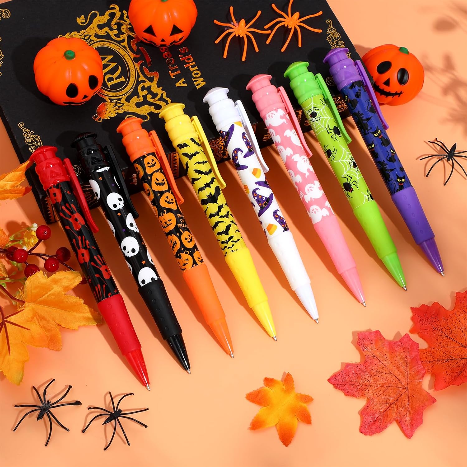 Qeeenar Bolígrafos gigantes de Halloween de 7.5 pulgadas con diseño de calabaza, murciélago y araña, para niños, suministros de fiesta temática de
