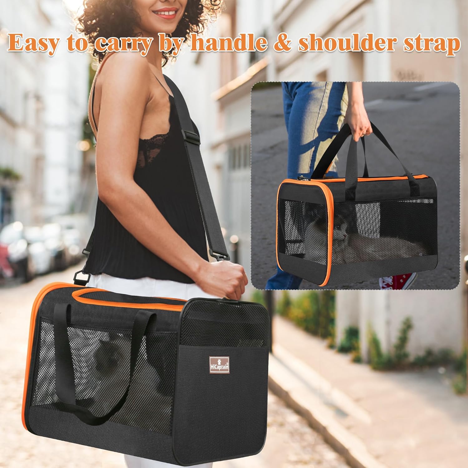 HiCaptain Bolsa transportadora negra para gatos, ligera y suave con ventana de malla superior, transpirable para gatos medianos y perros pequeños,