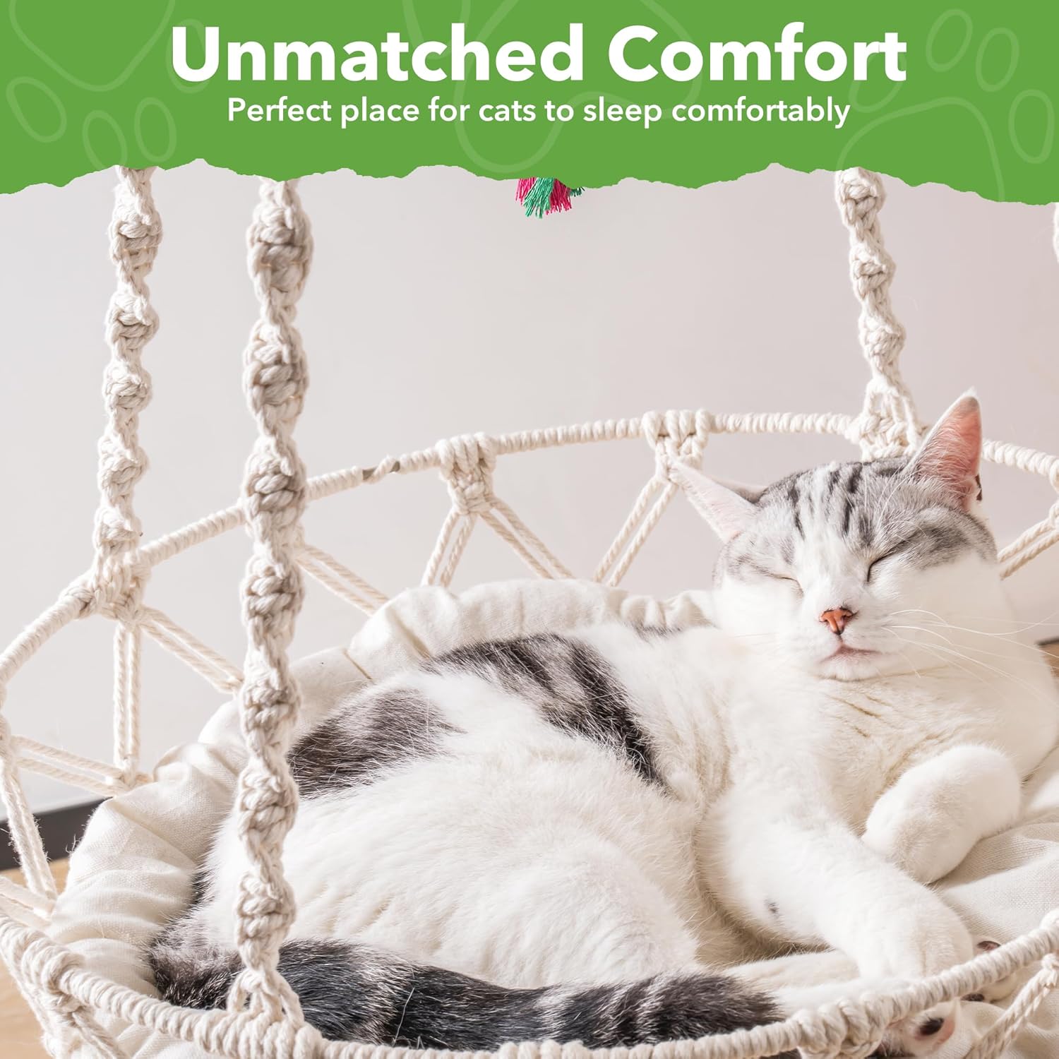 MEWOOFUN Hamaca colgante de macramé, cama tejida a mano para gatos con alfombrilla de algodón lavado y divertido juguete para gatos para dormir