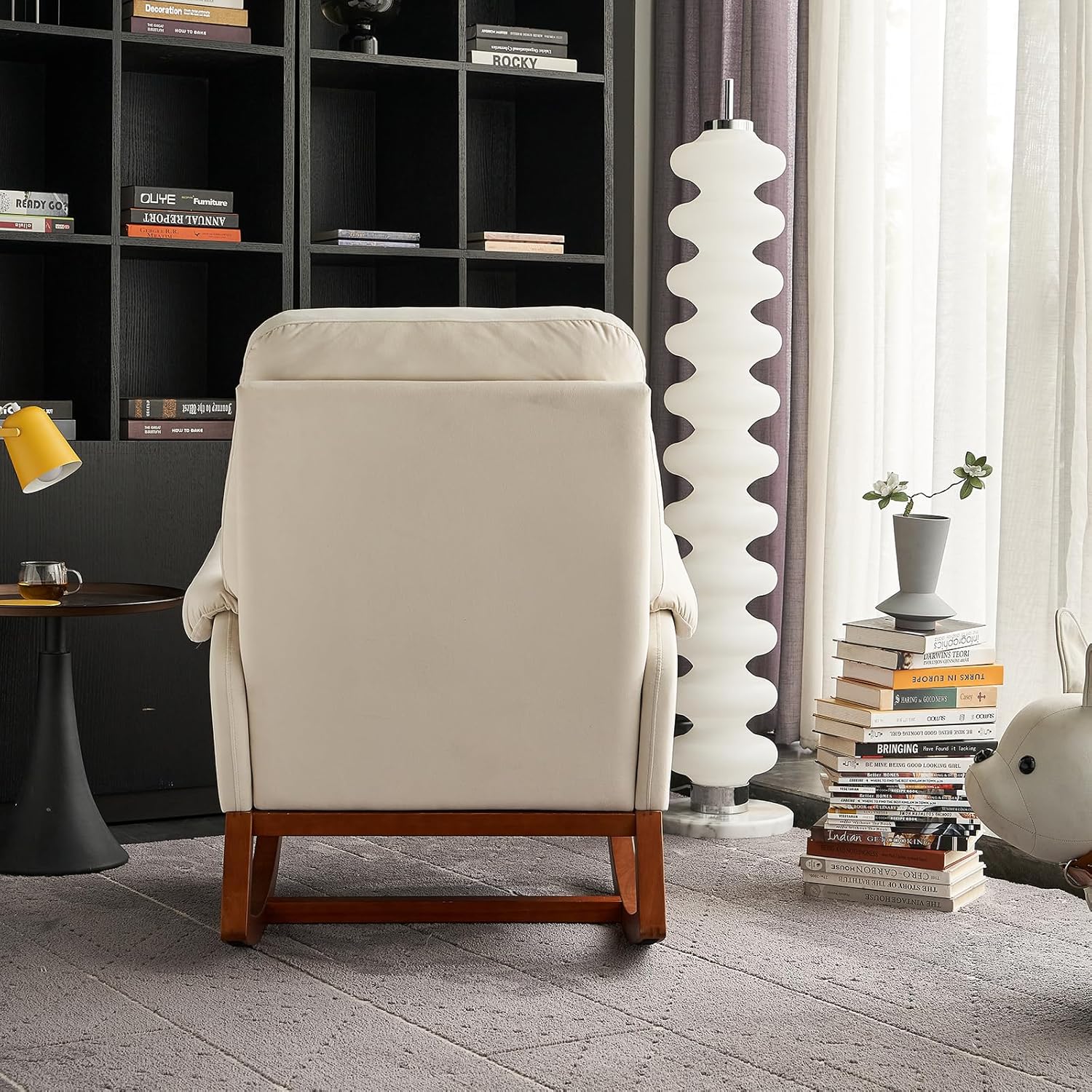 Nursery Rocking Chair,Upholstered Fabric Accent Armchair,Wooden Padded Seat with 2-Side Pocket,Nursing Chair with Rubber Wood Legs,Glider Chair for