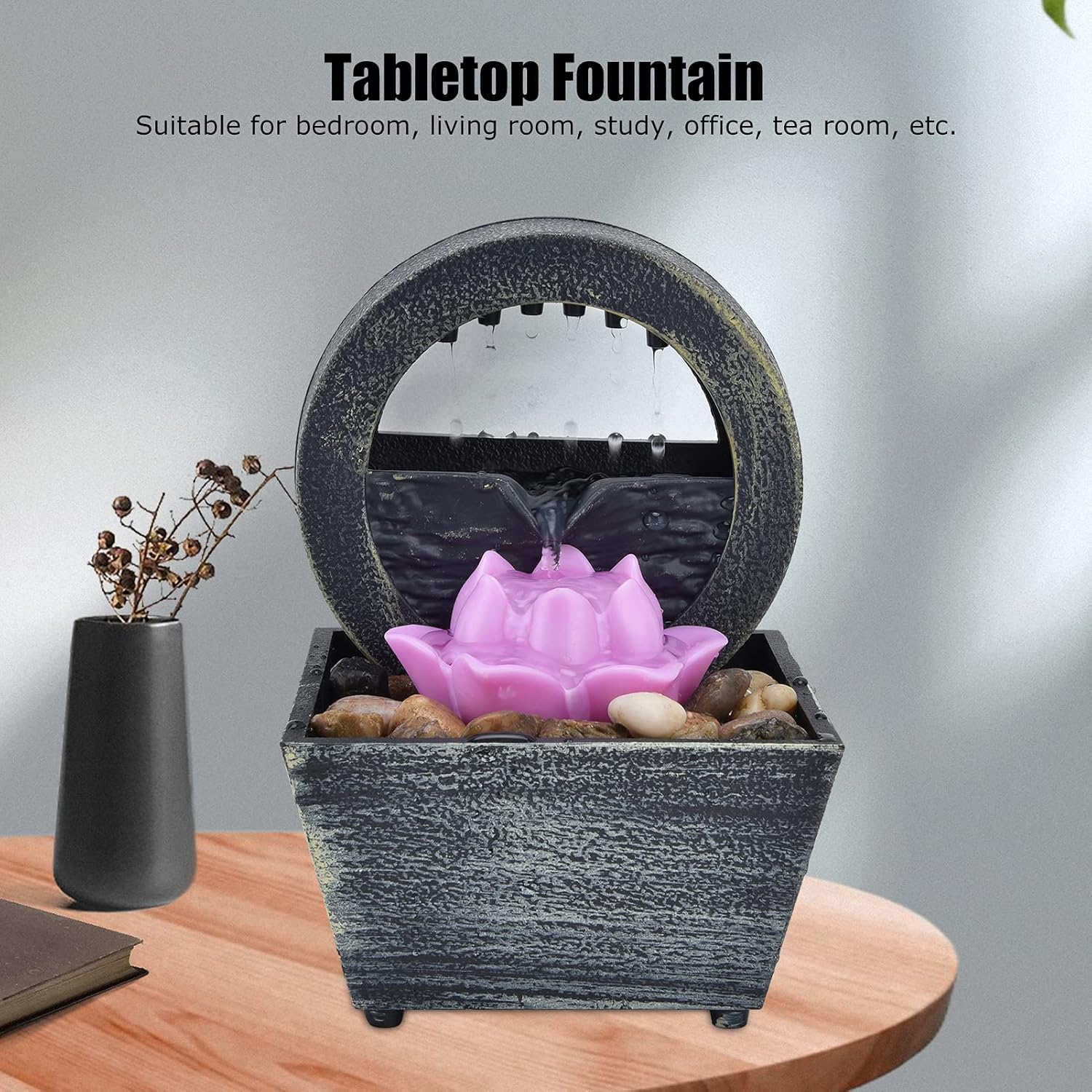Fuente de agua de mesa, 6.5 pulgadas, 3 V, pequeña, USB, LED, fuente de agua de flores, fuente de relajación, decoración con piedras de luz para